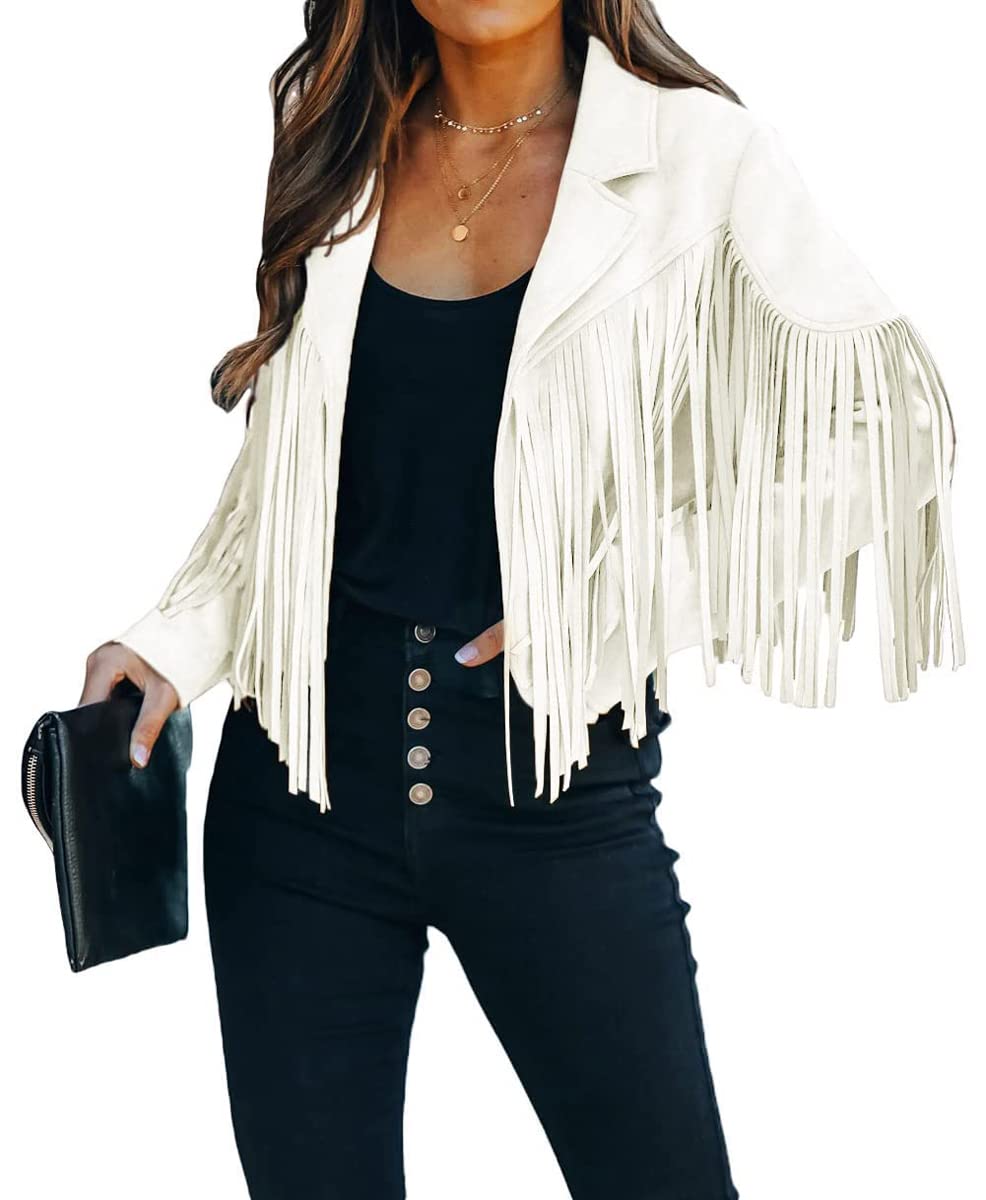 Women's Cropped Fringe Jacket - Faux Suede Open Front Moto Coat with Tassel Details | Boho Chic Outerwear for Fall & Spring | Perfect for Music Festivals, Date Nights & Casual Outings