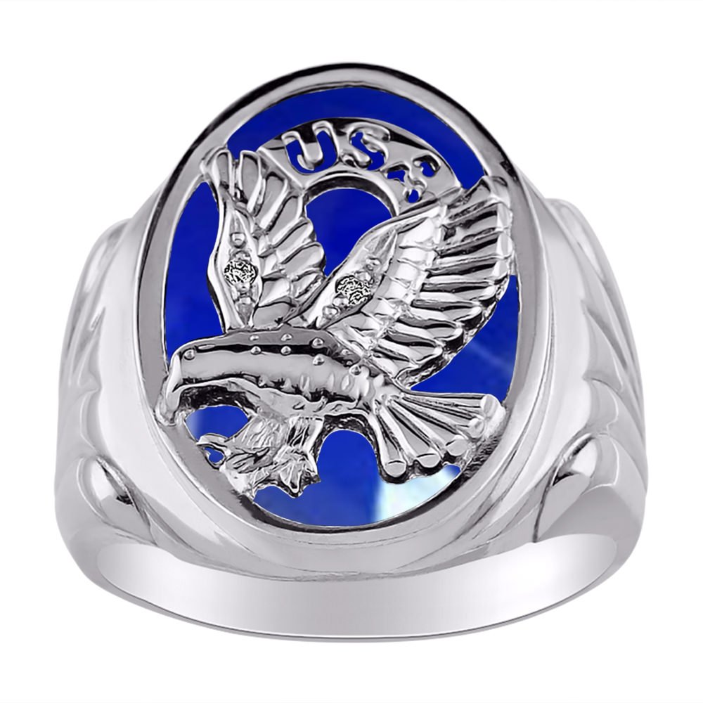 14K White Gold Men's Ring with Diamond & Blue Onyx - Patriotic USA Jewelry for Men | Perfect for Weddings, Anniversaries, and Special Occasions