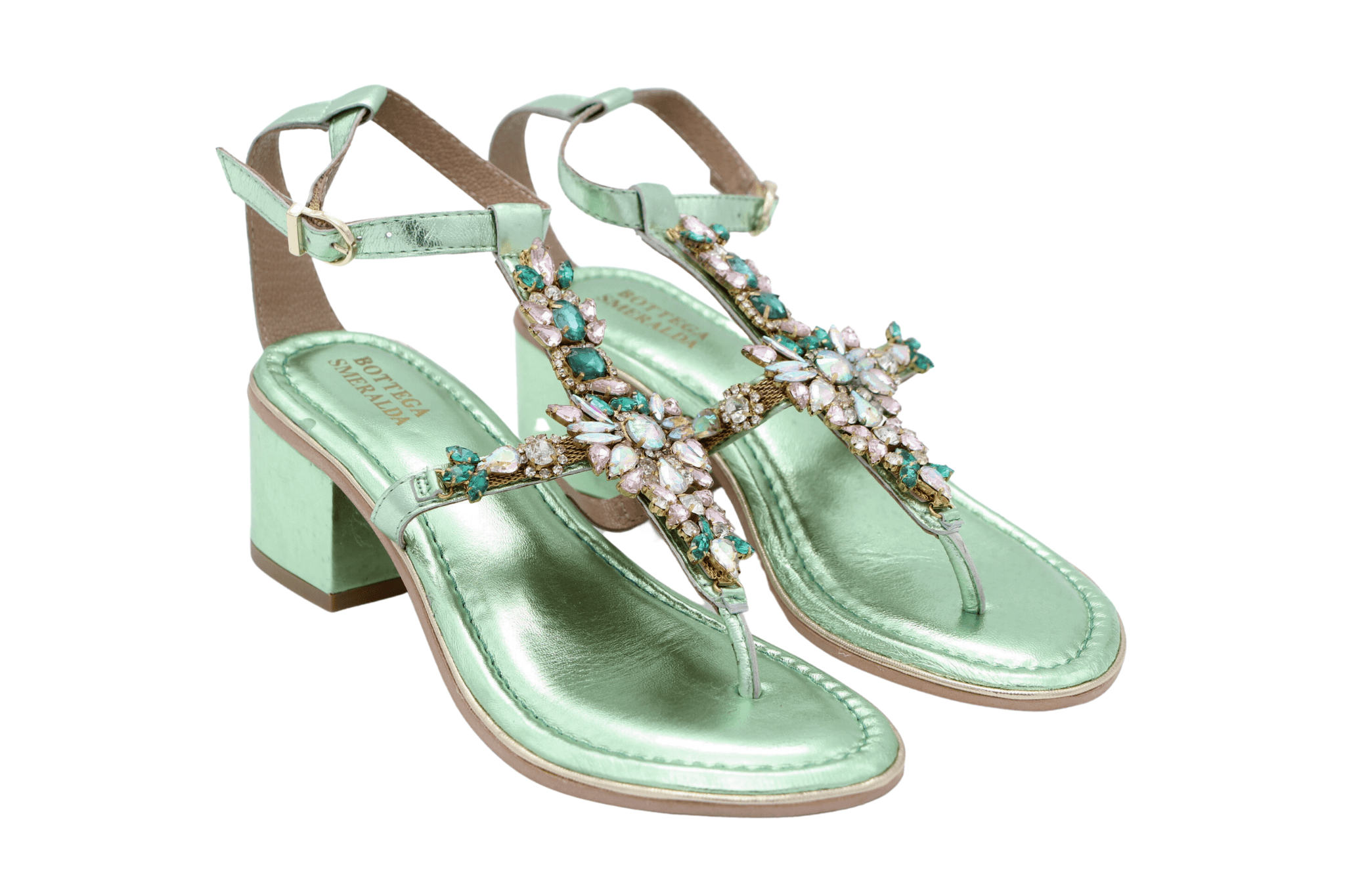 BOTTEGA Women's Mint Green Metallic Embellished Block Heel Sandals - Elegant Party & Wedding Shoes for Summer Events