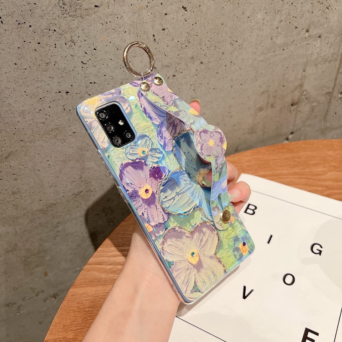 Samsung Galaxy A71 5G Case - Cute Glitter Bling Cartoon Taro Flower Design with Wrist Strap & Kickstand | Shockproof Soft TPU Protective Phone Cover for Women & Girls | Perfect for Daily Use, Work, and Travel