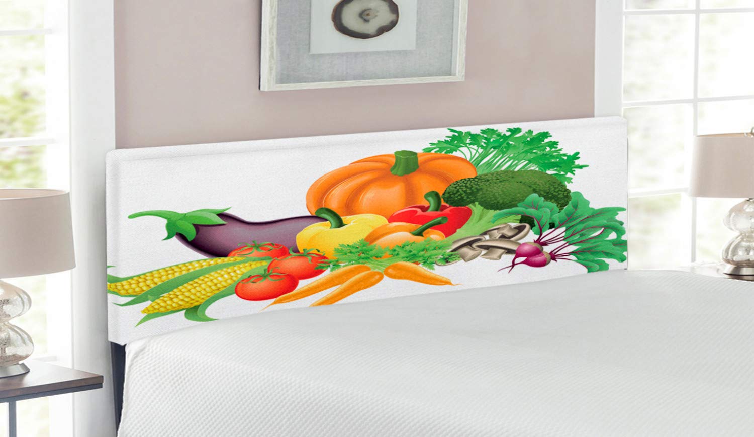 Ambesonne Harvest Headboard - Cartoon Style Fall Vegetables & Bell Peppers Design, Upholstered Decorative Metal Bed Frame with Memory Foam, Queen Size Multicolor Headboard for Cozy Bedroom Decor | Perfect for Autumn-Themed Bedrooms, Farmhouse Style Homes & Seasonal Decorations