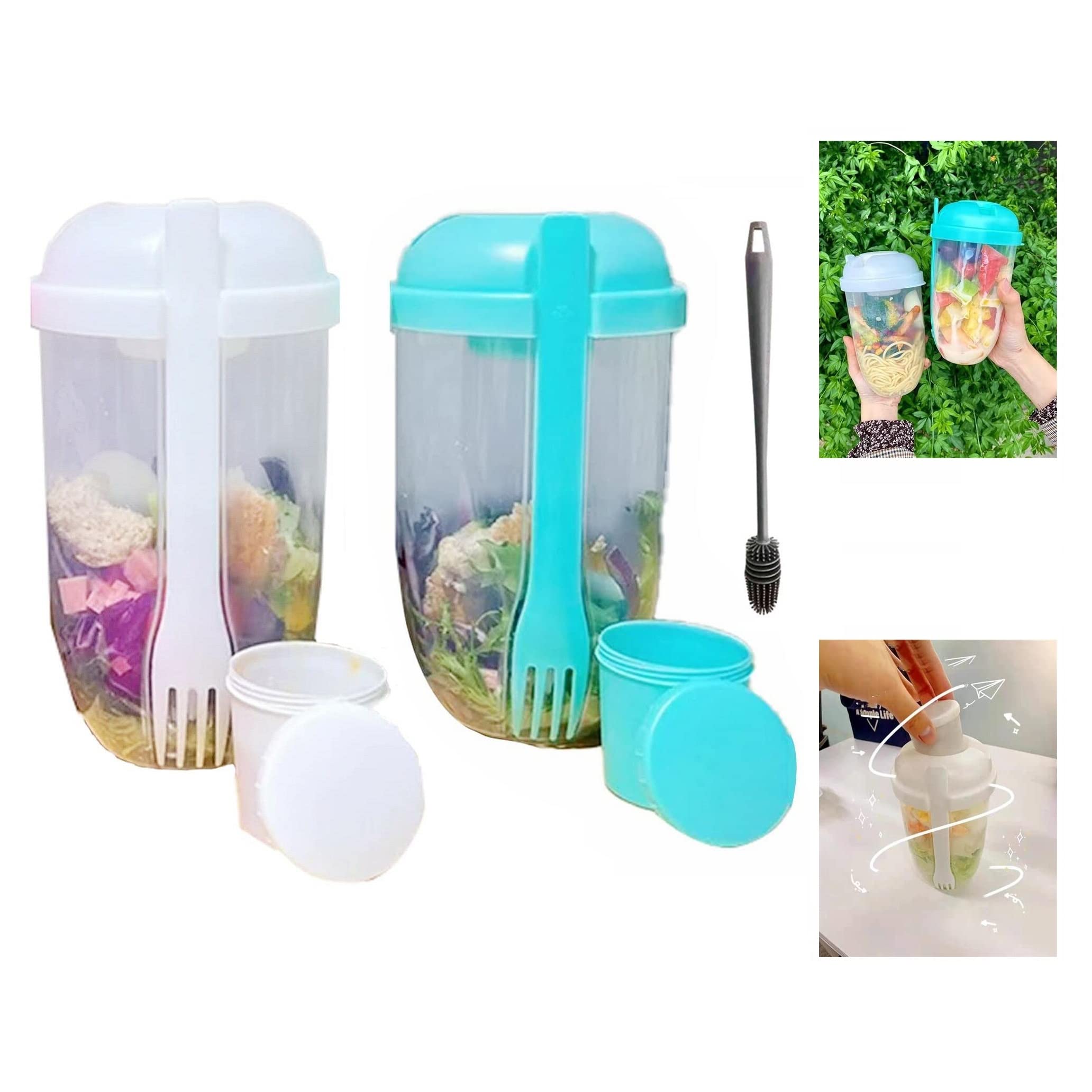 2022 New Portable Salad Meal Shaker Cup with Fork & Dressing Container - Includes Fresh Washing Brush, Healthy BPA-Free Food Storage (7.48×4.33×4.33in) - Perfect for Office Lunch, Gym Meal Prep & On-the-Go Healthy Eating (F-White+Green)
