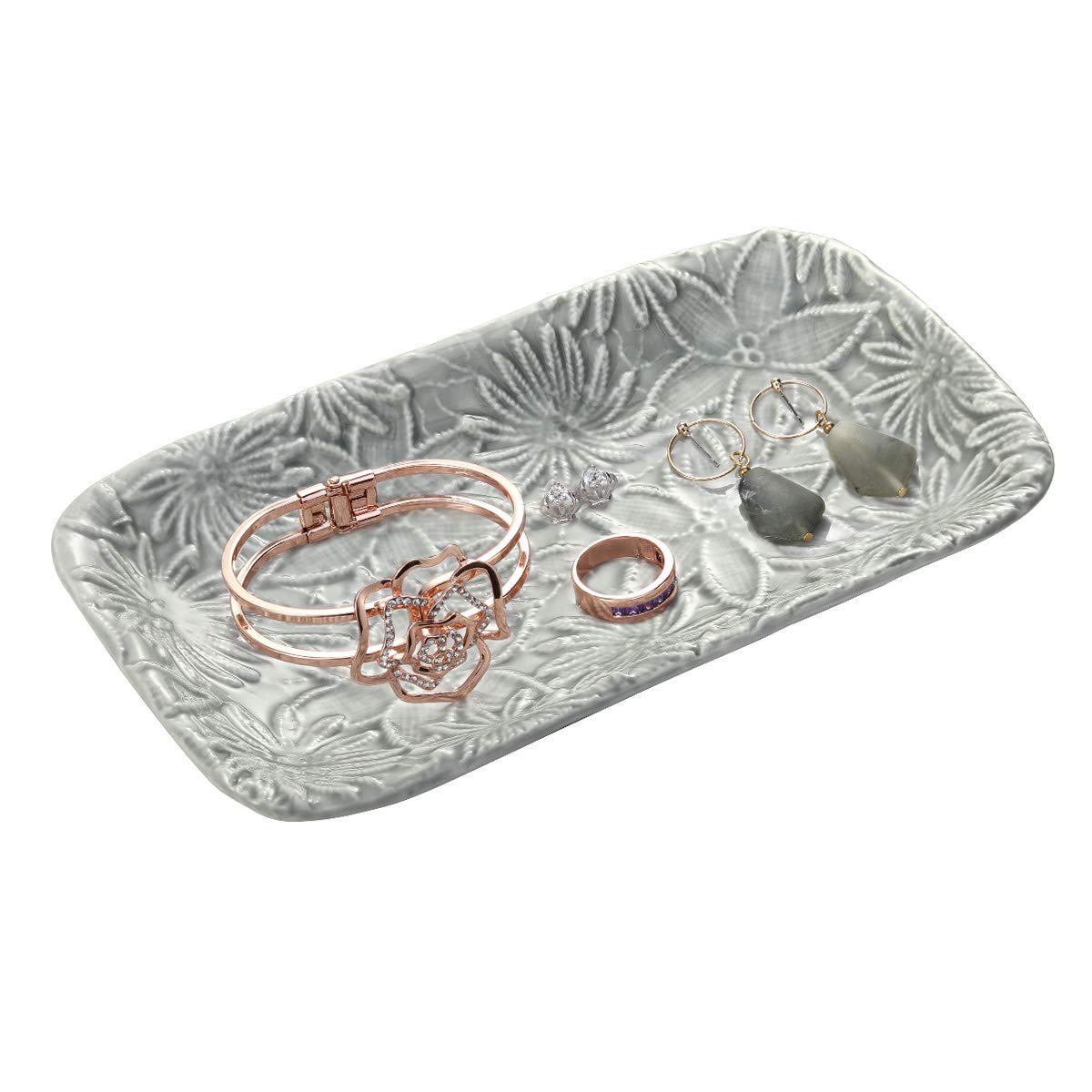Emibele Ceramic Jewelry Organizer Tray - Elegant Vanity & Bathroom Decor with Sculptured Pattern, Ring Holder & Cosmetic Organizer, Light Gray | Perfect for Jewelry Display, Makeup Storage & Home Decor