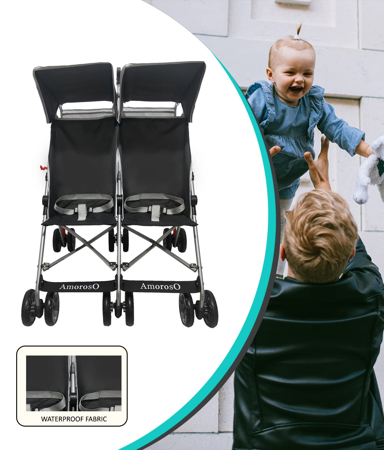 AmorosO Twin Lightweight Umbrella Stroller for Toddlers - Easy to Clean 4-Wheel Baby Stroller with Extra Storage & Sun/Rain Protection - Compact Travel Stroller for Twins - Perfect for Shopping, Travel & Outdoor Walks - Black