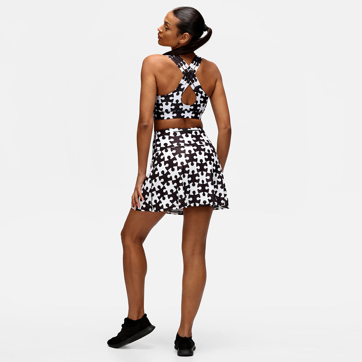 Black and White Jigsaw Skort - Stylish High Waist Tennis Skirt with Shorts for Women | Perfect for Tennis, Golf, Yoga & Casual Wear