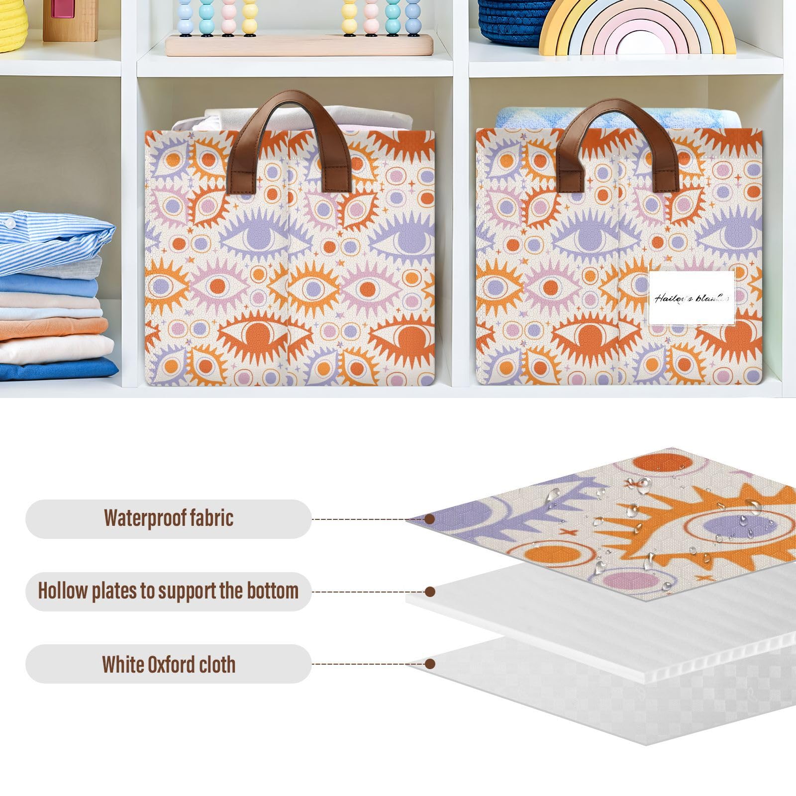 Bohemian Orange & Purple Collapsible Fabric Storage Bins with Handles - 2 Pack Foldable Cube Organizers for Home, Closet, Nursery & Office Organization