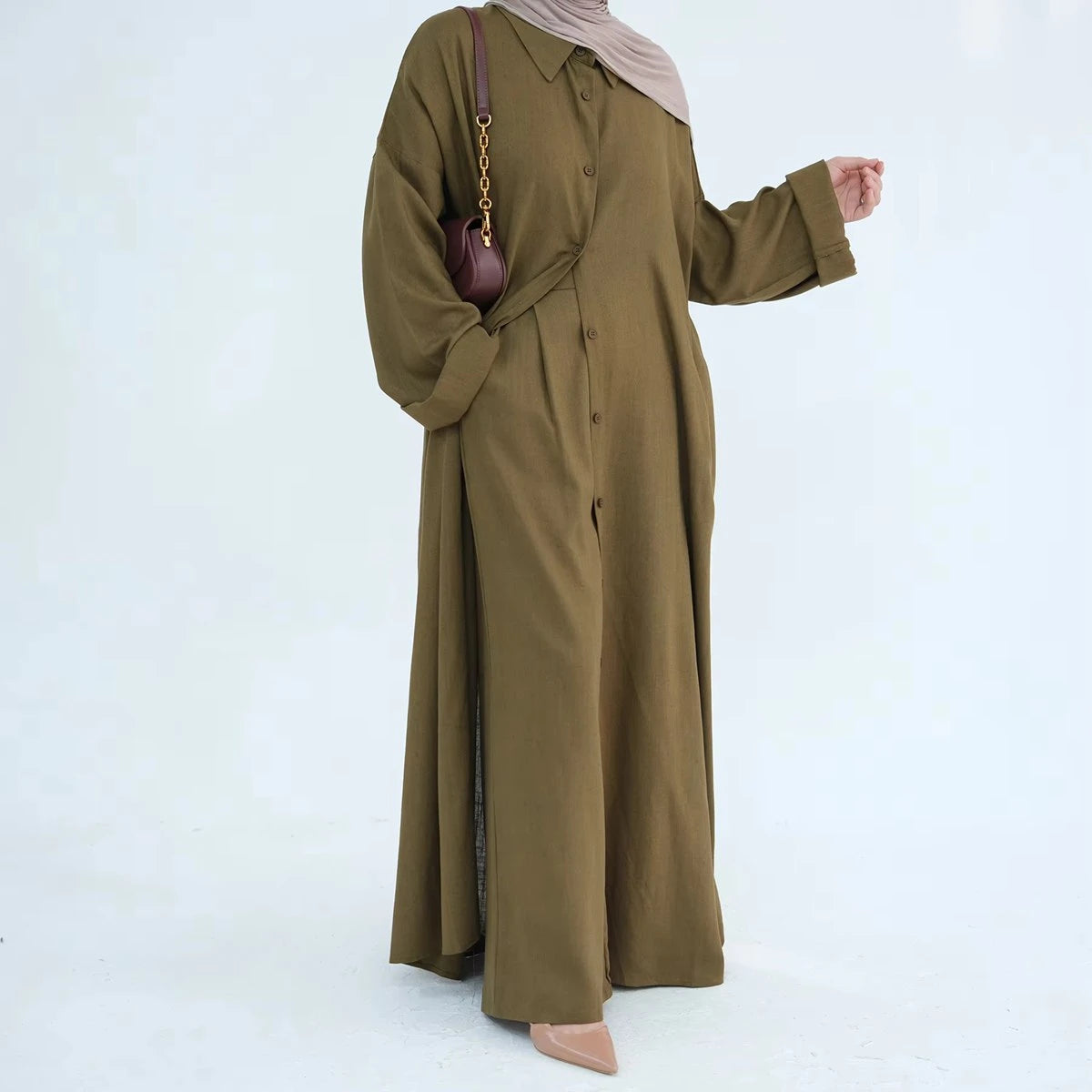 2-Piece Linen Cotton Blend Robe and Pants Set for Women - Comfortable Arab Style Lounge Wear - Perfect for Daily Use, Home Relaxation & Prayer Outfits
