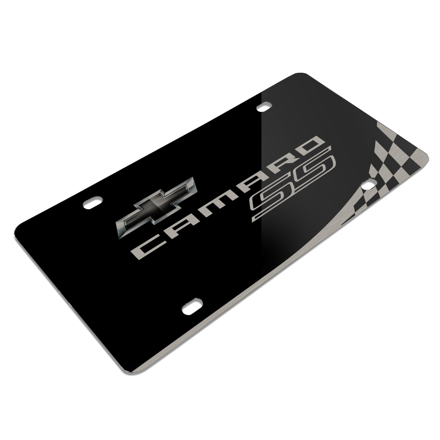 Chevrolet Camaro RS Laser-Cut Black Acrylic License Plate Frame with Checker Stripe Design - Perfect for Car Shows & Custom Vehicle Decoration