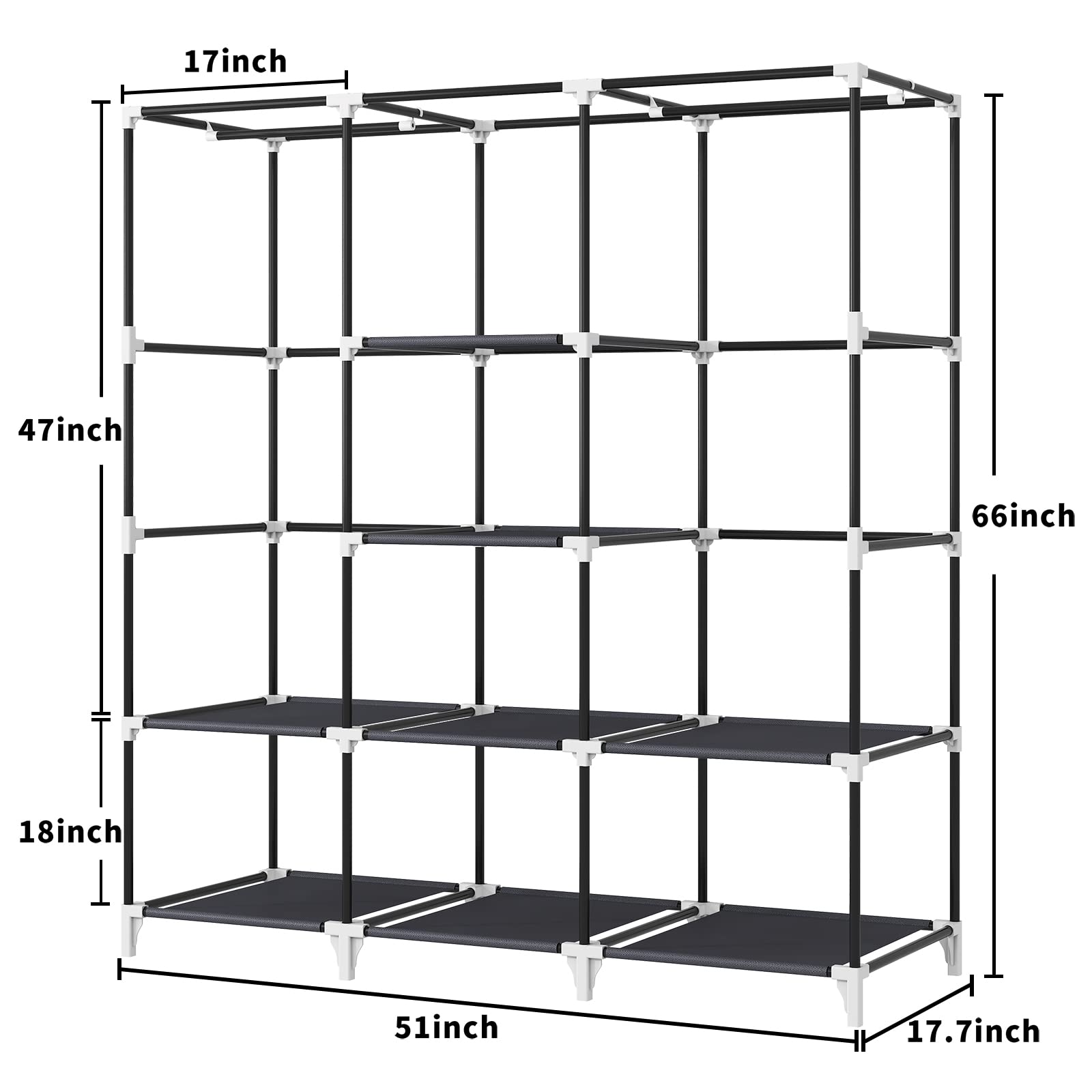 51 Inch Portable Wardrobe Closet with 2 Hanging Rods & 8 Shelves - Durable Hanging Closet Organizer for Bedroom, Easy Assembly, Space-Saving Storage Solution - Perfect for Small Apartments, Dorms, and Guest Rooms (Grey)