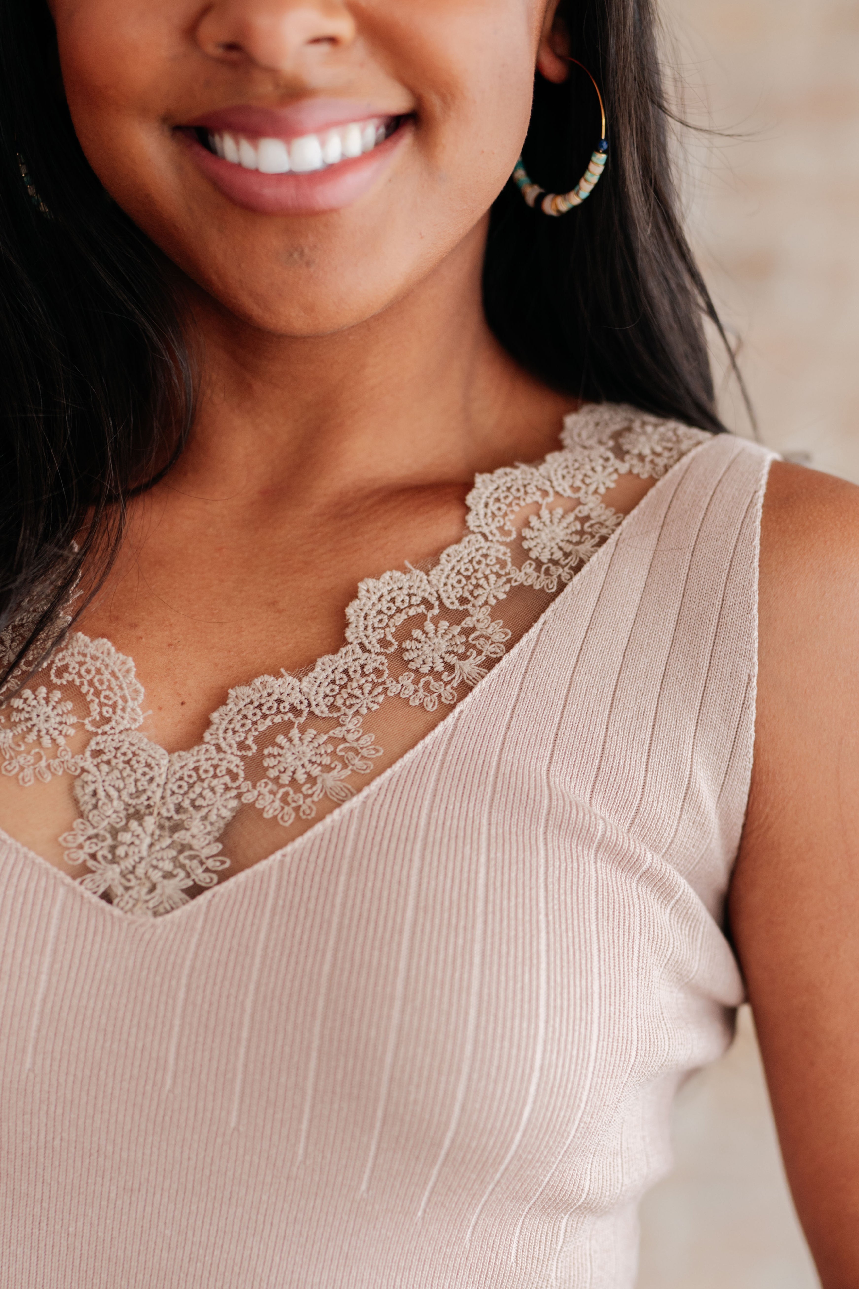 Elegant Taupe Lace Tank Top for Women - Soft & Romantic Style - Perfect for Date Nights & Casual Outings