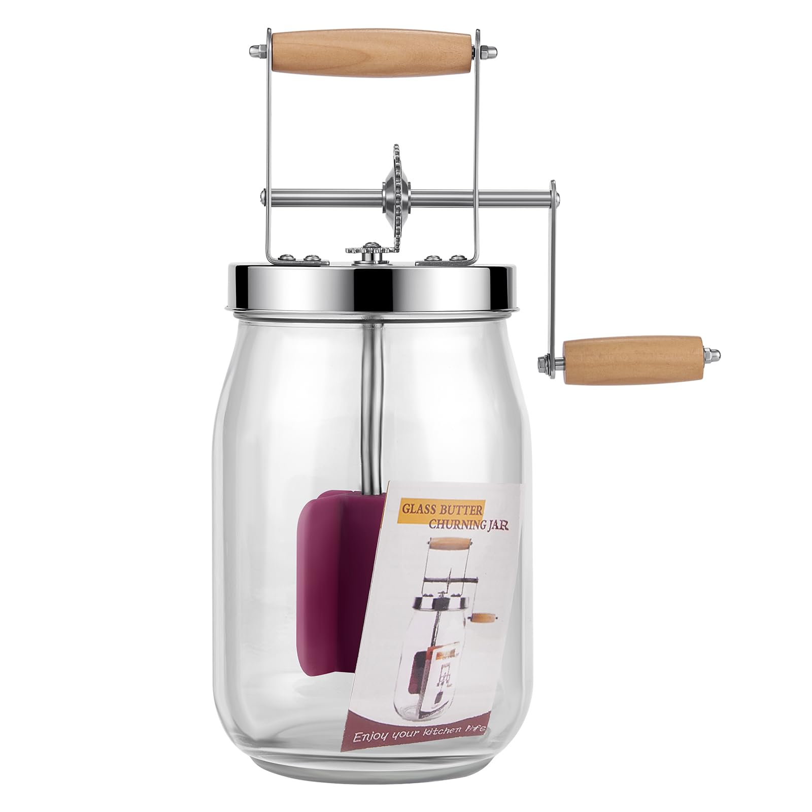 Stainless Steel Manual Butter Churn with Wooden Handle - 51oz Hand Crank Mason Jar Butter Maker for Fresh Homemade Butter, Perfect for Baking, Cooking & Farmhouse Kitchen Use