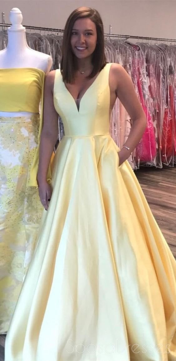 Elegant Yellow V-Neck A-Line Long Evening Prom Dresses for Women | Custom Party Gowns | Perfect for Homecoming, Prom Night & Formal Events