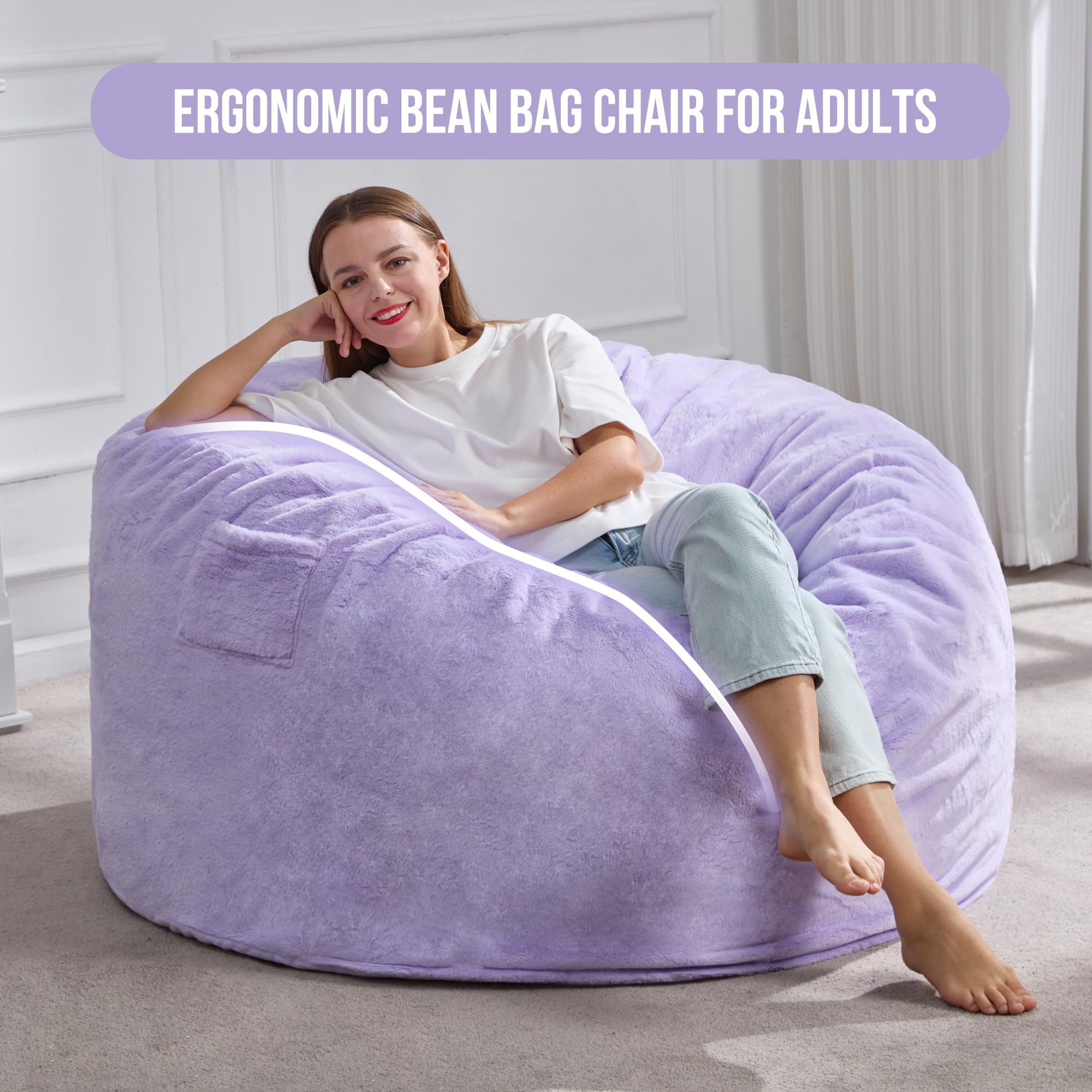 Hobestluk 4ft Large Bean Bag Chair for Adults - Plush Faux Fur Cover, Oversized Lounger for Living Room, Bedroom, Dorm & Office - Purple (44”x44”x24”) - Perfect for Relaxing, Gaming & Movie Nights
