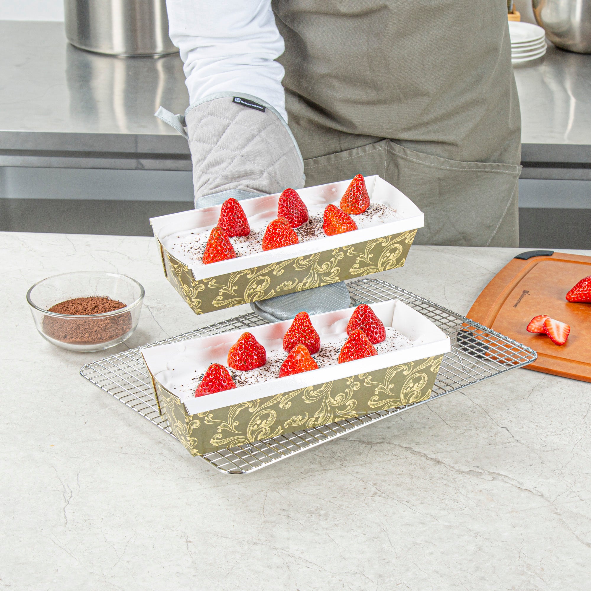 Bake Tek 42 oz Dark Green Vintage Floral Paper Loaf Pans - Greaseproof Baking Molds, 10 x 3.5 x 2.5 Inches (100 Count) - Perfect for Homemade Bread, Cakes & Party Desserts