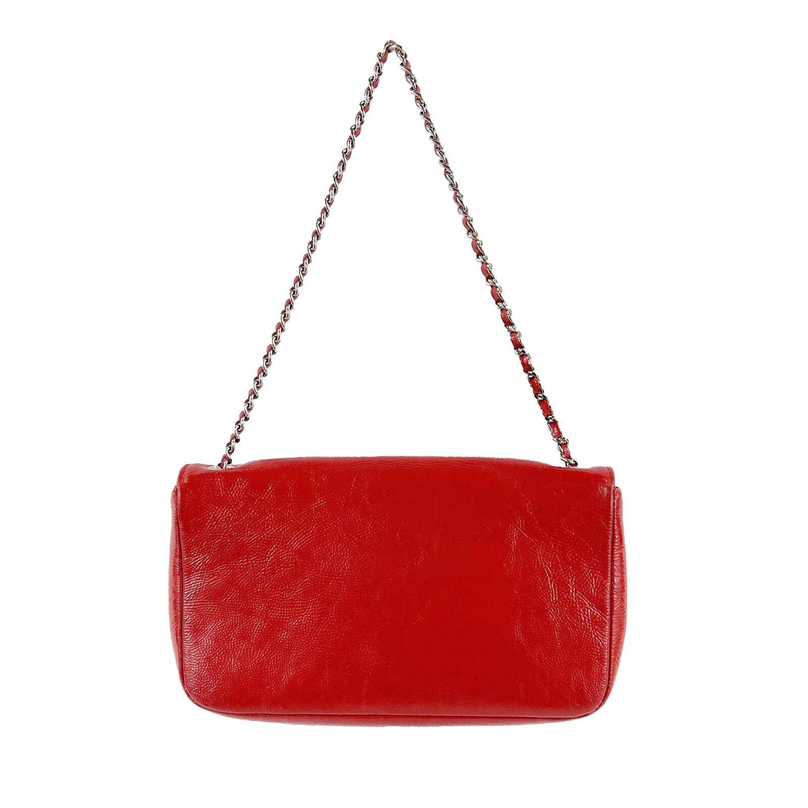 CHANEL Small Textured Red Patent Leather Flap Bag with CC Lock & Silver Chain Strap - Perfect for Evening Events, Parties & Luxury Fashion Accessories