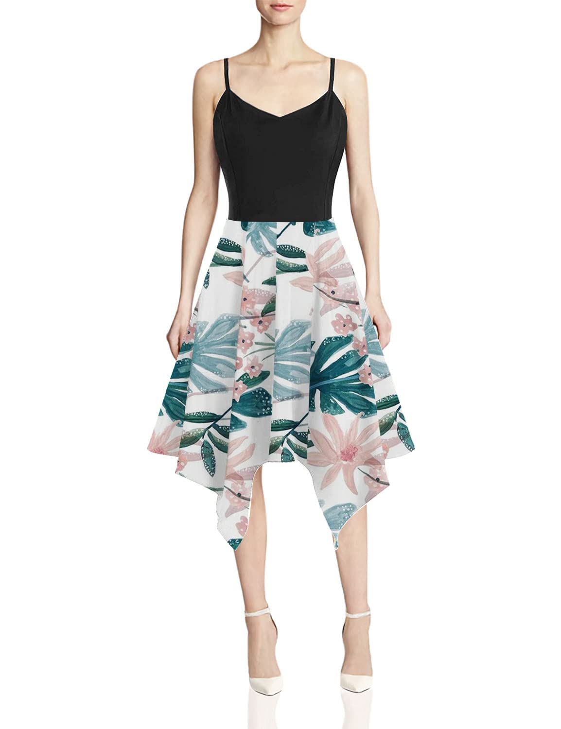 Keepfit Women's Summer Floral Solid Dress - Spaghetti Strap Sundress with V Neck & Midi Swing Design | Perfect for Beach Vacation, Date Night and Casual Outings