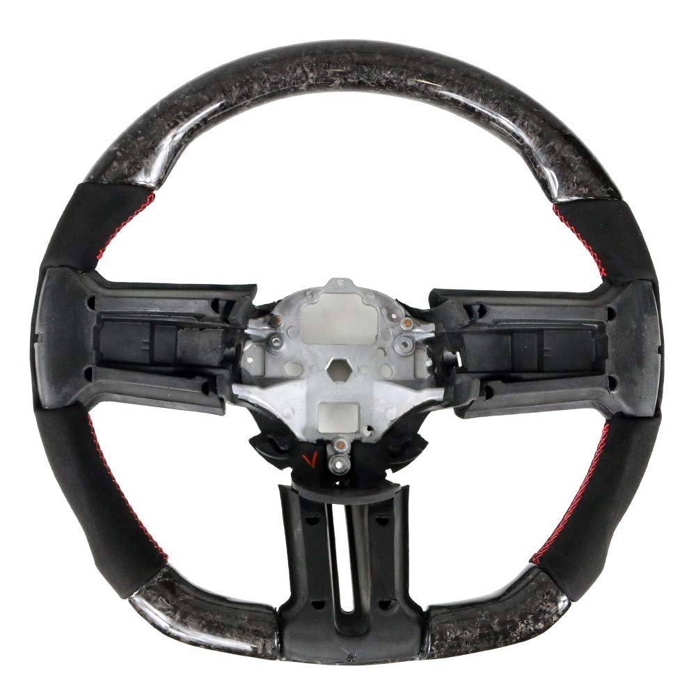 FREEMOTOR802 Forged Carbon Fiber Racing Steering Wheel with Red Stitching - Compatible with 2010-2014 Ford Mustang, Synthetic Suede Replacement - Perfect for Racing, Track Days & Performance Driving