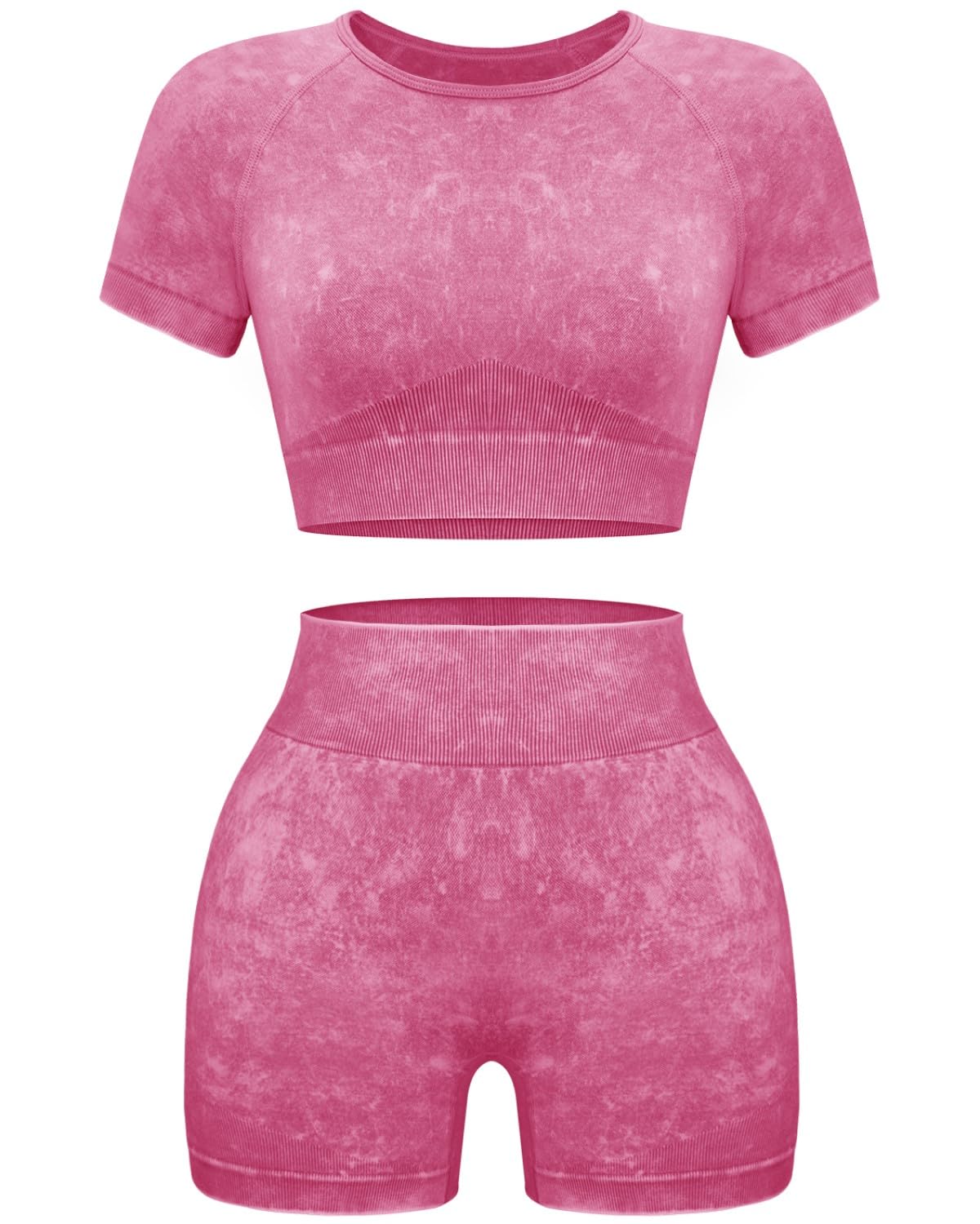 OLCHEE Women's 2-Piece Workout Set - Seamless Acid Wash Yoga Shorts & Crop Top Matching Gym Outfit | Athletic Clothing for Yoga, Running & Fitness Training