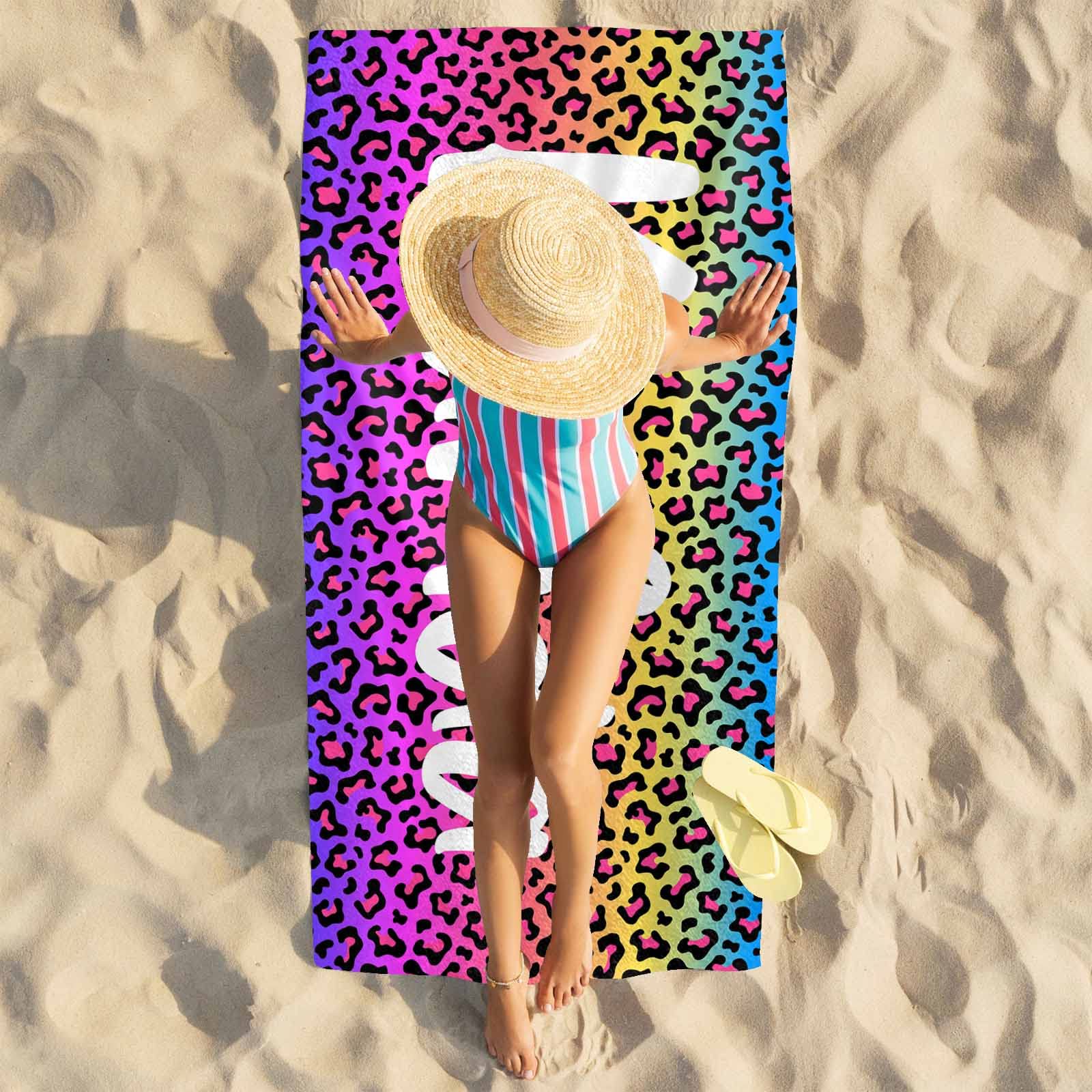 Custom Personalized Beach Towel with Name - Rainbow Leopard Print Microfiber Quick Dry Sand-Free Towel for Men & Women | Perfect for Swimming, Summer Vacations, Pool Parties, Beach BBQs and Birthday Gifts