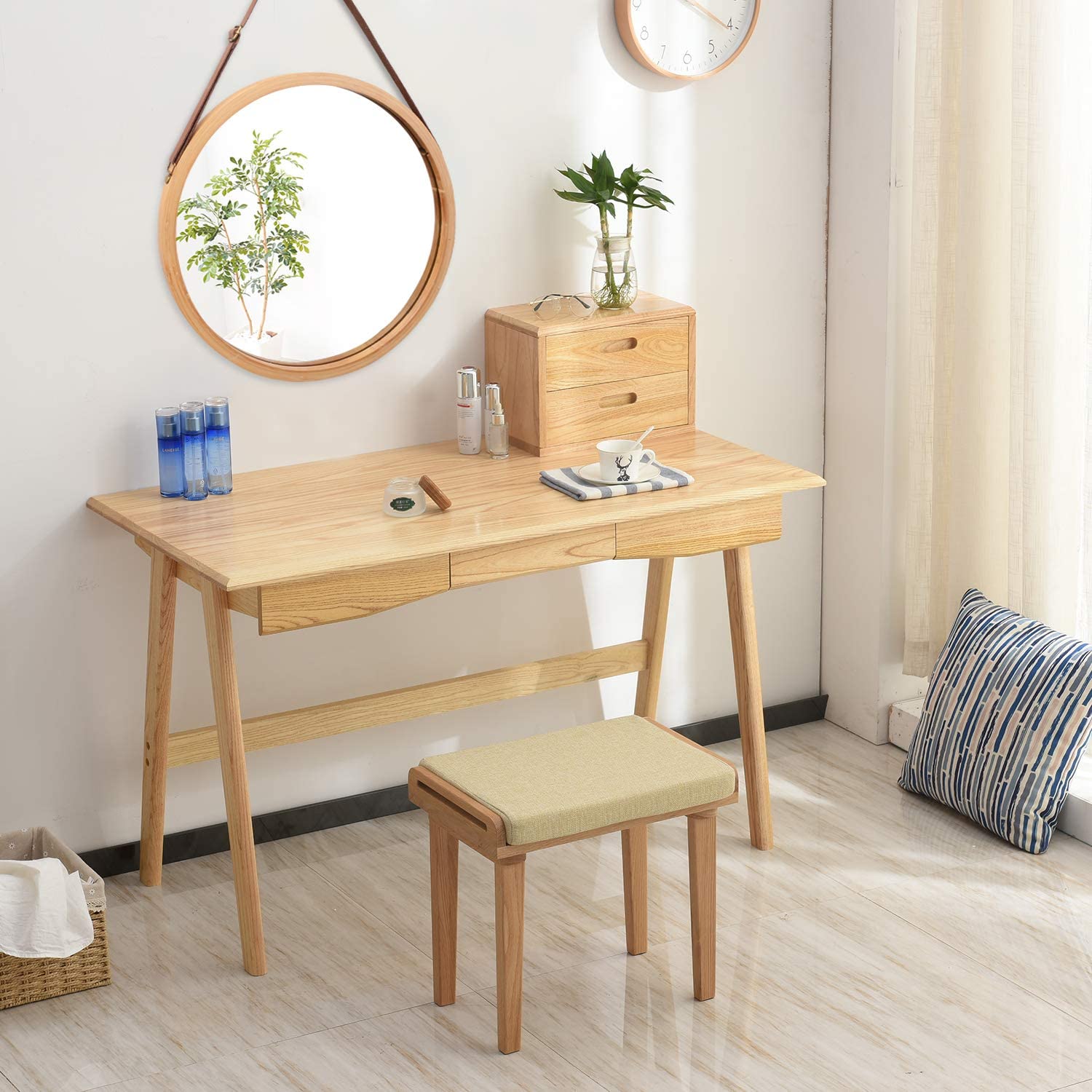 45cm Round Hanging Wall Mirror with Solid Bamboo Frame & Adjustable Leather Strap - Perfect for Bathroom, Bedroom, and Entryway Decor