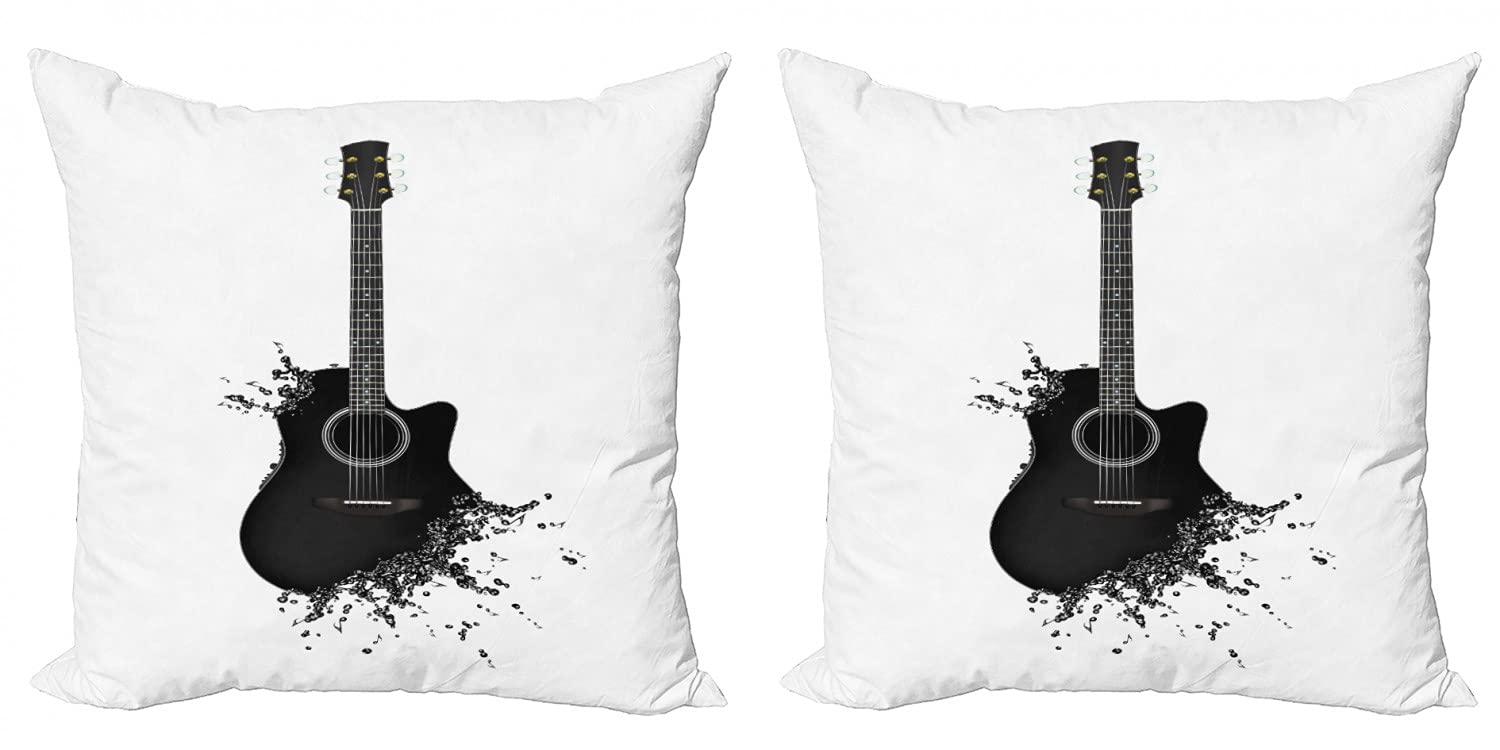 Ambesonne Guitar Decorative Throw Pillow Covers Pack of 2 - Black & White Acoustic Instrument Design with Color Splashes - 20