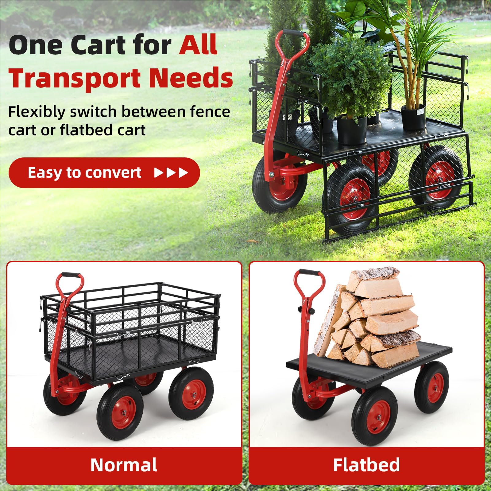 GARVEE 1400lbs Heavy Duty Steel Garden Cart - Removable Mesh Sides Utility Wagon with 2-in-1 Rotating Handle & 16