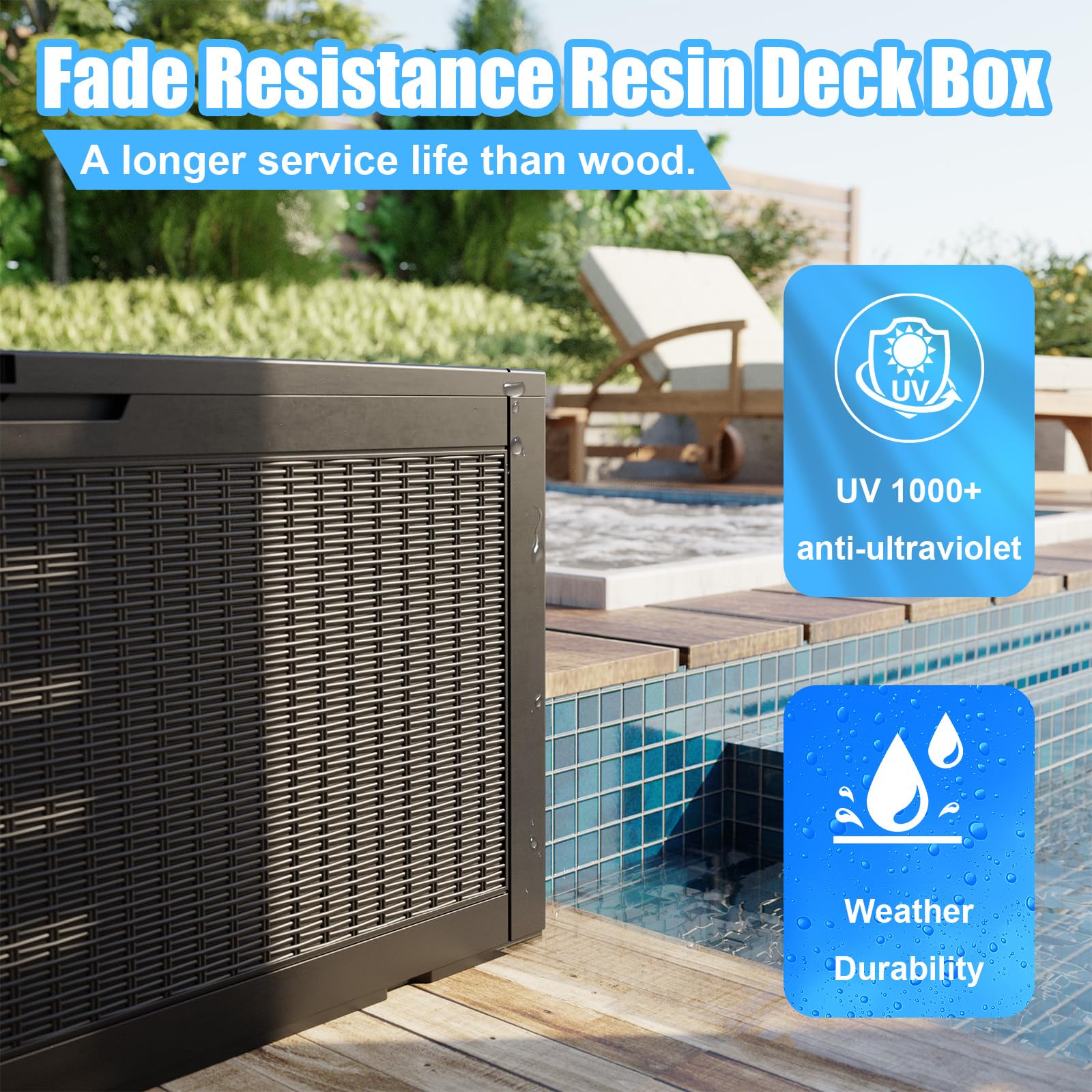Vixzen 100 Gallon Resin Deck Box - Lockable Outdoor Storage Container for Patio Cushions, Garden Tools & Pool Supplies | Weatherproof & UV Resistant Deck Storage Box | Perfect for Backyard, Patio & Poolside Organization (Black)