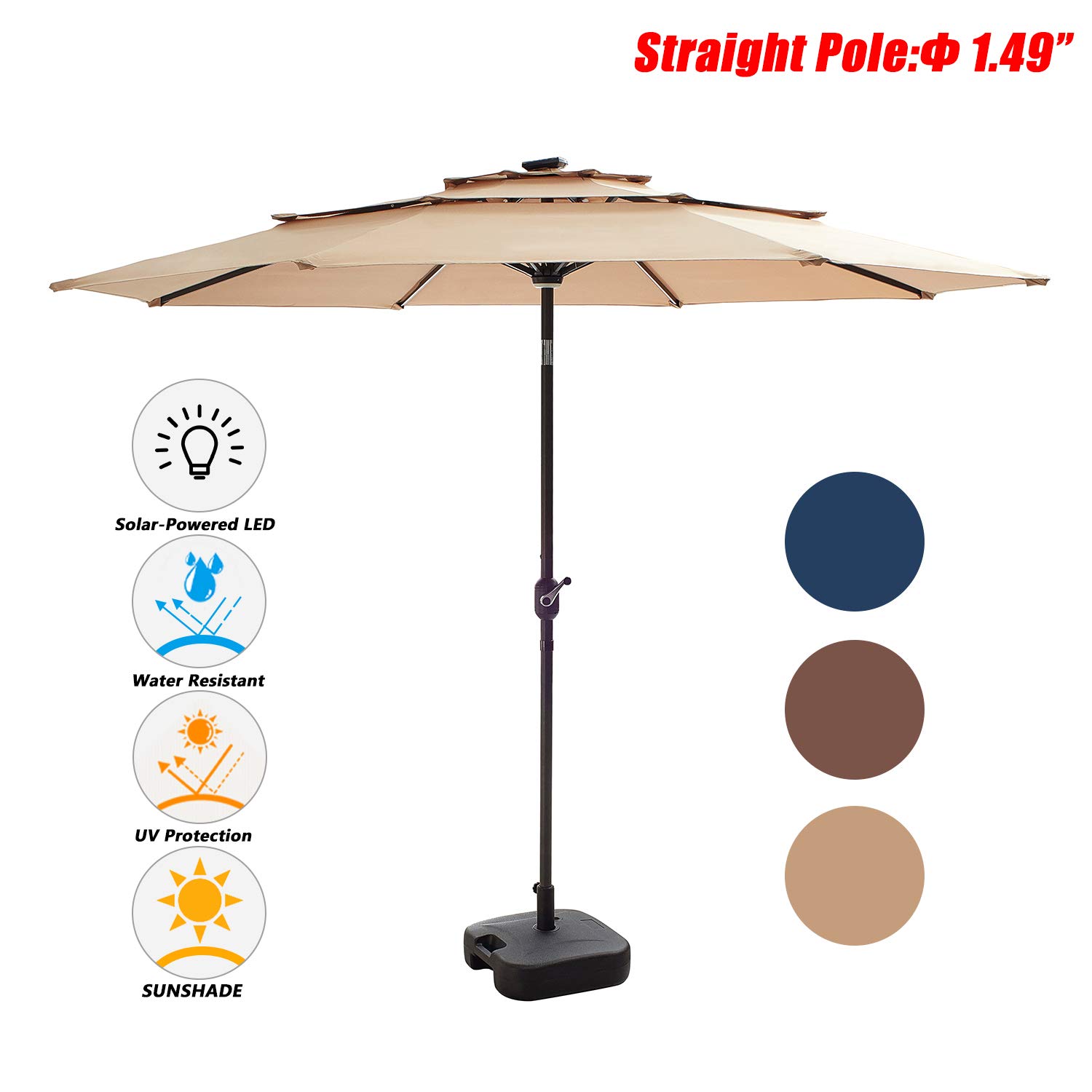 Outdoor 3-Tier Aluminum Market Umbrella with Push Button Tilt & Easy Crank - 9.8FT Patio Umbrella with 8 Solar LED Lights - All-Weather Khaki Umbrella for Backyard, Poolside & Outdoor Dining