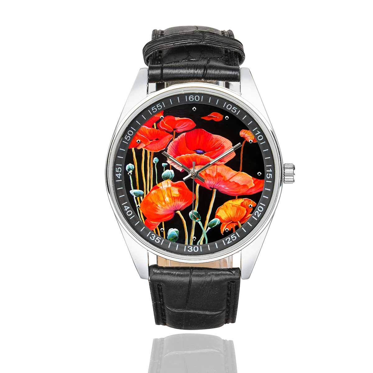 **InterestPrint Red Poppy Men's Fashion Watch - Black Leather Band, Waterproof Wristwatch for Casual & Business Wear**    **使用场景:** Perfect for everyday wear, office meetings, and special occasions.