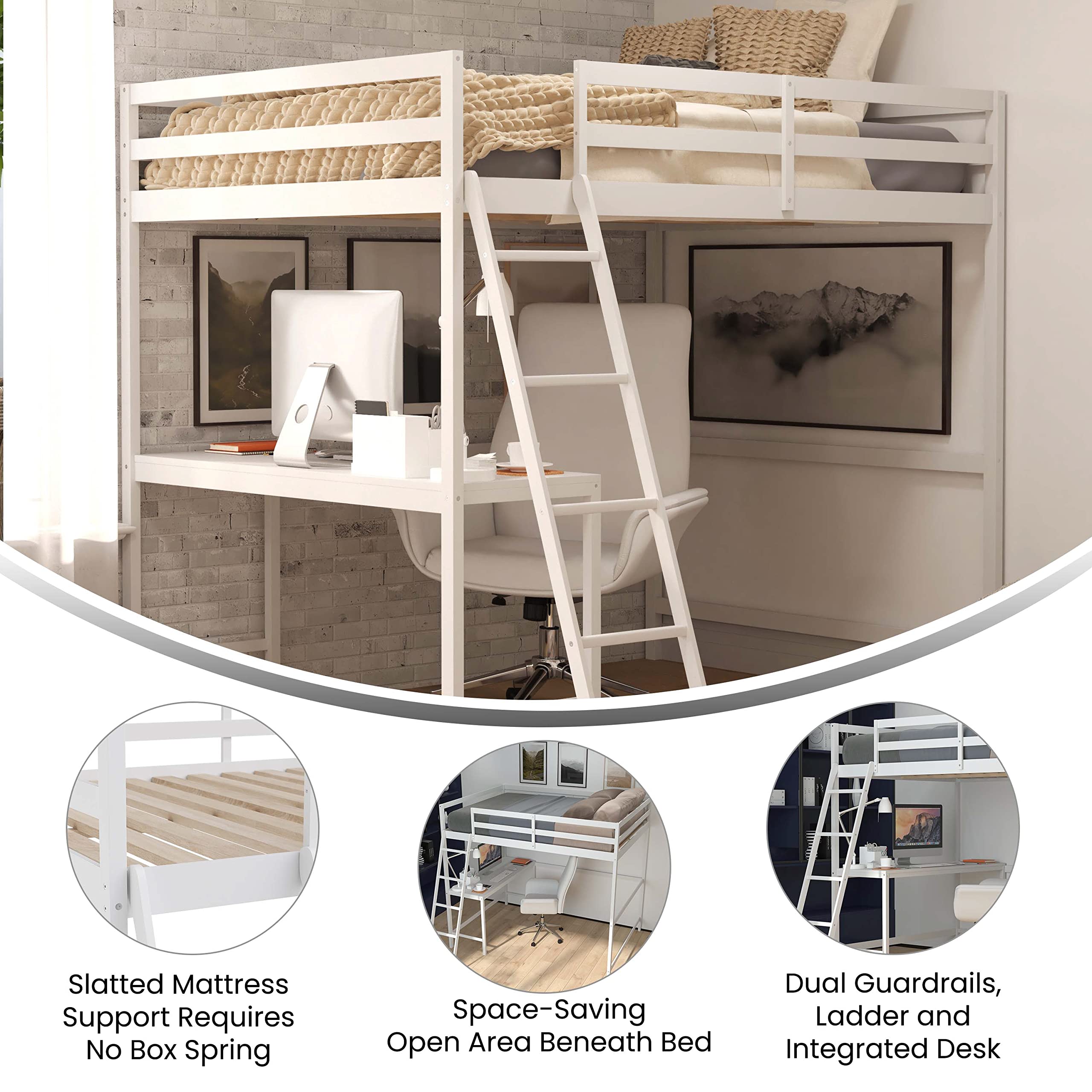 White Full Size Loft Bed Frame with Desk & Wood Slats - Sturdy Protective Guard Rails & Space-Saving Ladder - Perfect for Kids & Teens Bedrooms - Ideal for Small Spaces & Dorm Rooms