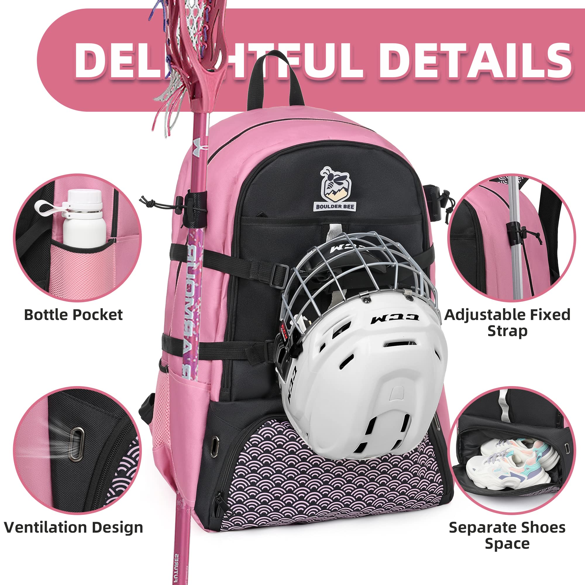 Boulder Bee Lacrosse Backpack with Stick Holders - Durable Field Hockey Bag for Women & Girls - Perfect for Training, Games & Travel | Sports Equipment Gift Idea