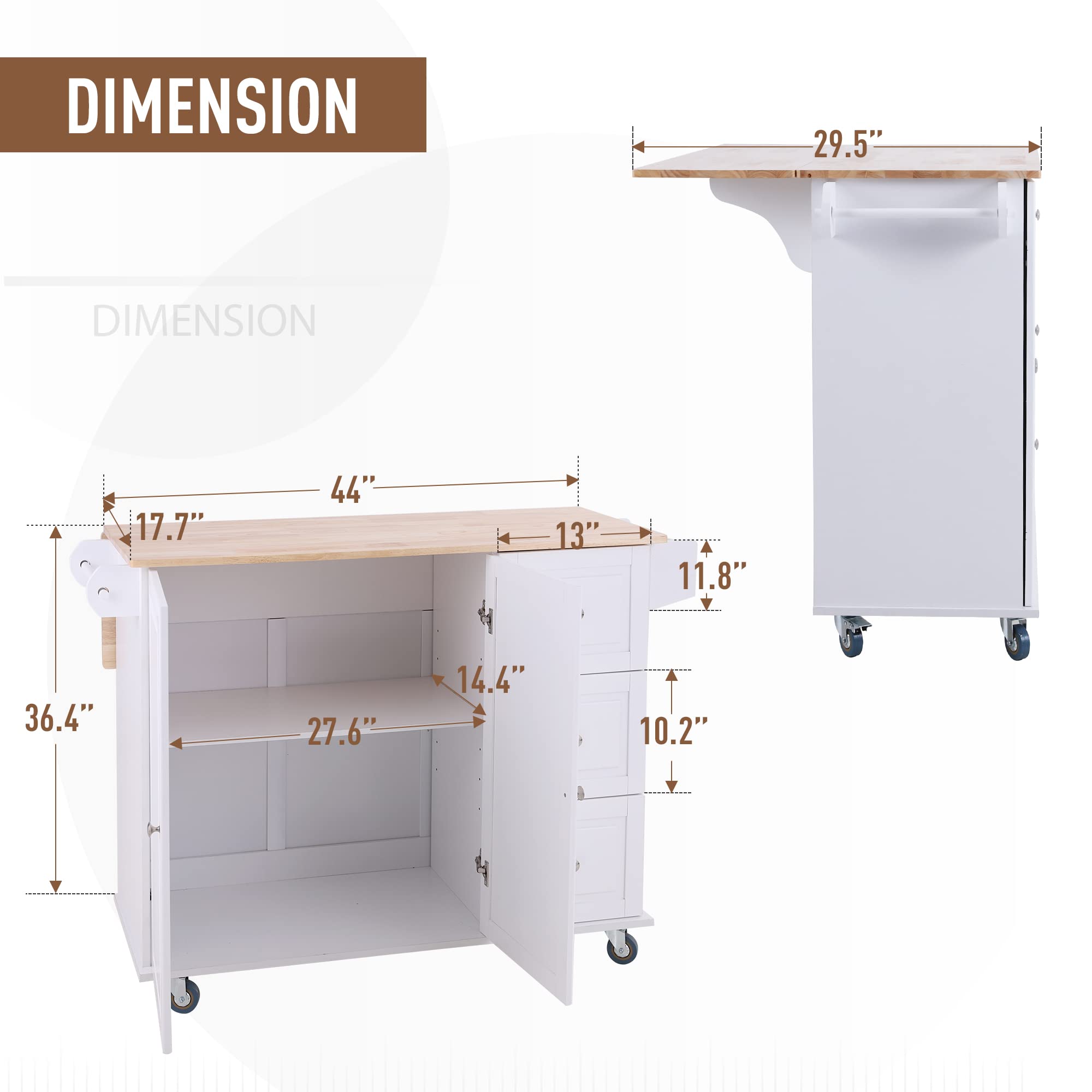 MFSTUDIO White Rolling Kitchen Island Cart with Drop-Leaf, 3 Drawers & Adjustable Shelf - Mobile Storage Cabinet with Wood Countertop, Towel Bar & Spice Rack - Perfect for Small Kitchens, Dining Rooms & Apartment Living