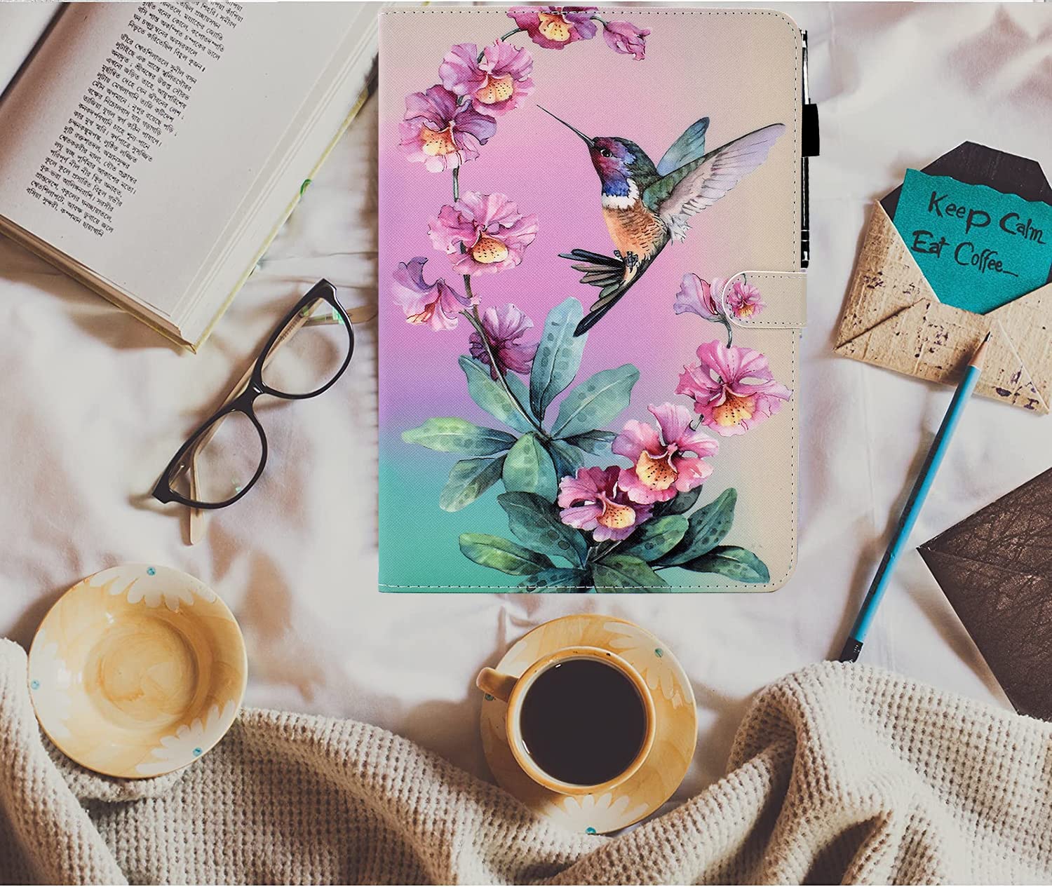 Premium PU Leather Folio Stand Case for iPad 9.7 Inch (6th/5th Gen 2018/2017, iPad Pro 9.7, iPad Air 2/Air 1) with Auto Sleep/Wake - Cute Hummingbird Design - Perfect for Work, School & Travel Protection