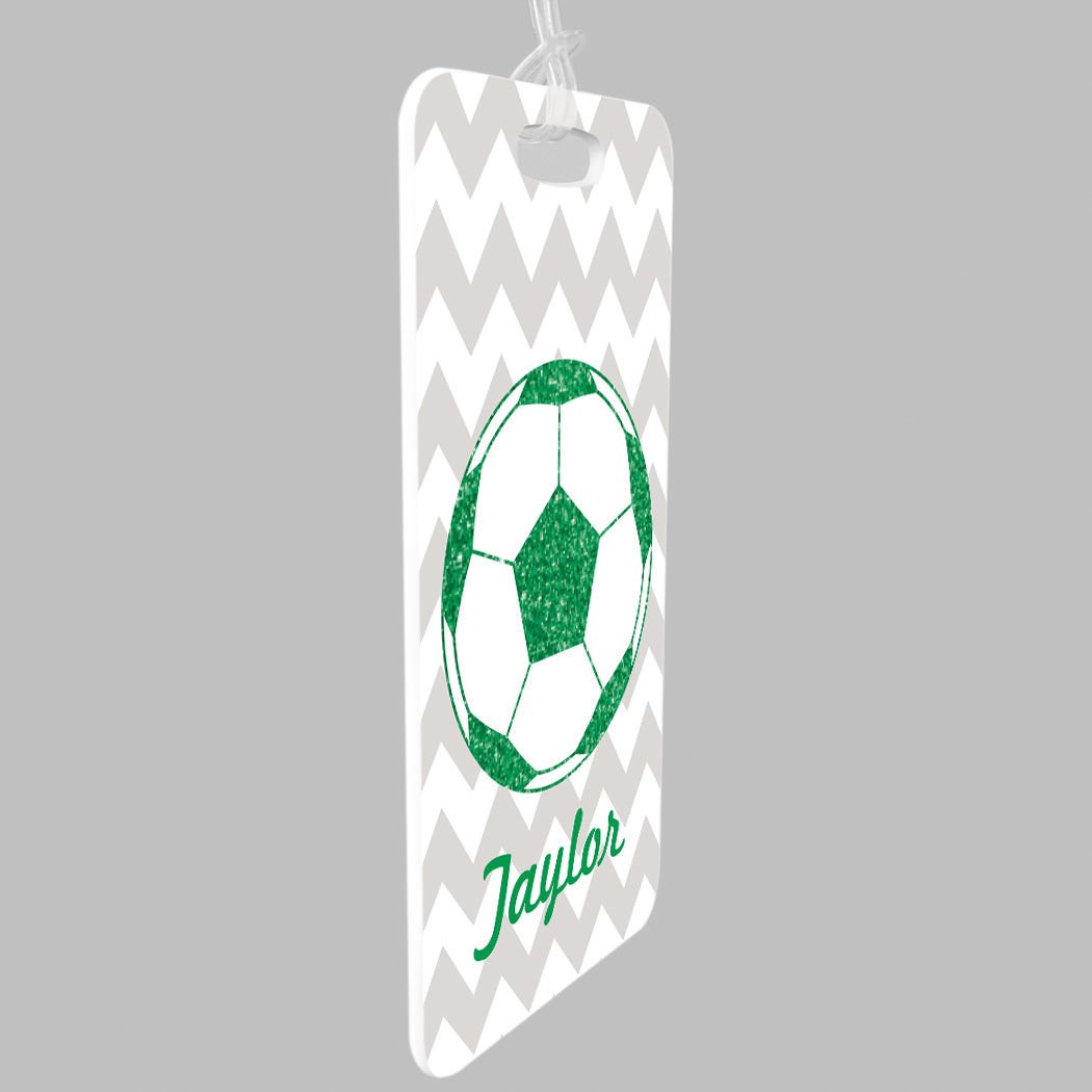 Personalized Glitter Soccer Ball Luggage Tag - Small Green Soccer Bag Tag with Standard Lines on Back - Perfect for Travel, Sports Gear & Team Identification