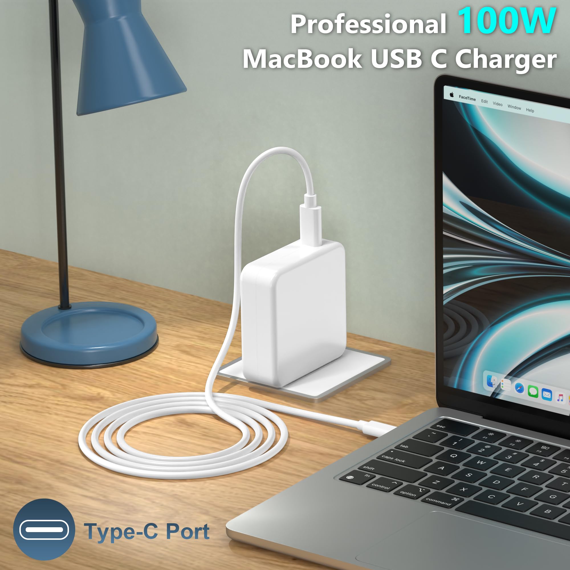 100W USB C Fast Charger for MacBook Pro 16/15/14/13 Inch & MacBook Air 13 Inch | PD 3.0 Power Adapter Compatible with iPad Pro 2021-2018 | Compact Travel Laptop Charger for Home, Office & Coffee Shop Use