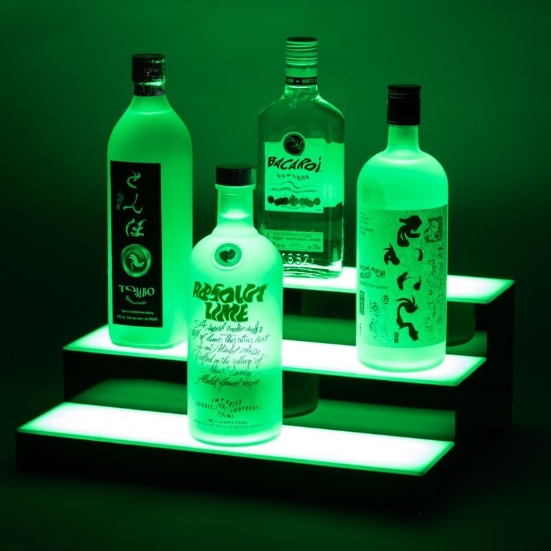 Premium LED Lighted Bar Shelf Display for Liquor Bottles - Whiskey Rack Stand with 3-Step Tray Units - 28 Inch Home Bar Decor for Living Room & Entertainment Spaces - Designed in USA