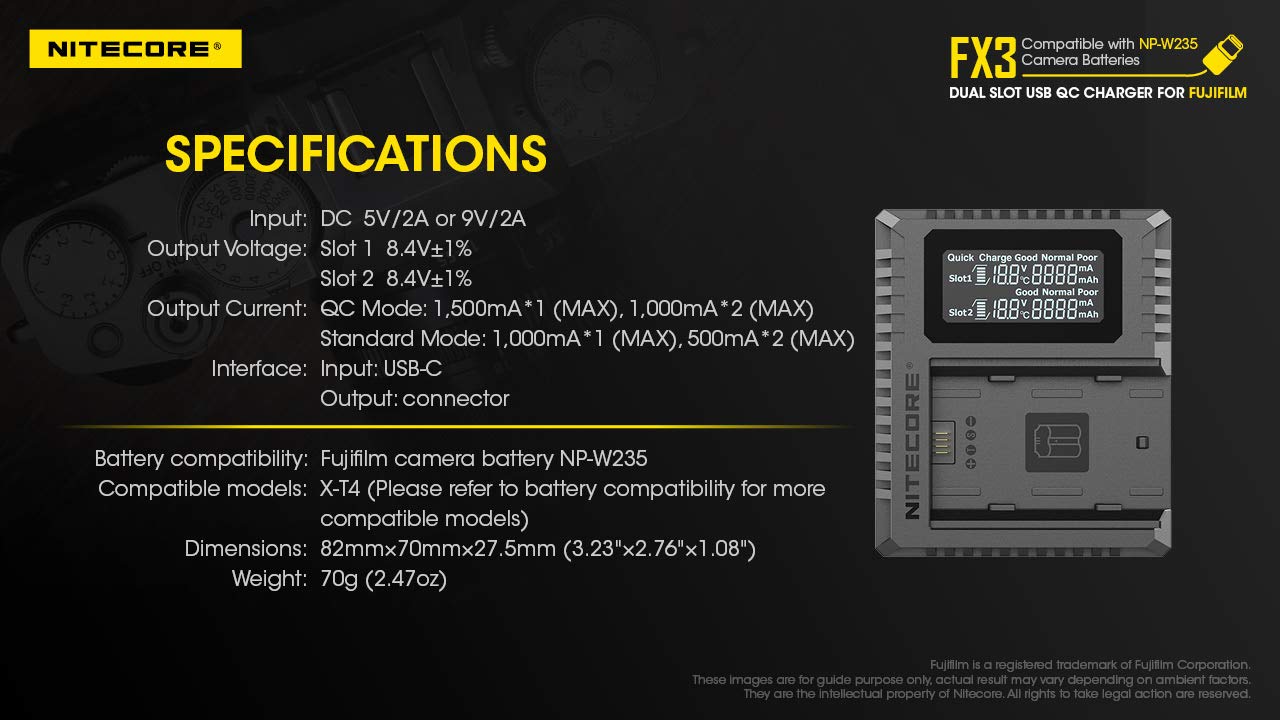 Nitecore FX3 2-Slot USB-C Fast Battery Charger for Fujifilm X-T4 NP-W235 - QC 3.0 Quick Charge Compatible | Perfect for Travel Photography & Professional Camera Use