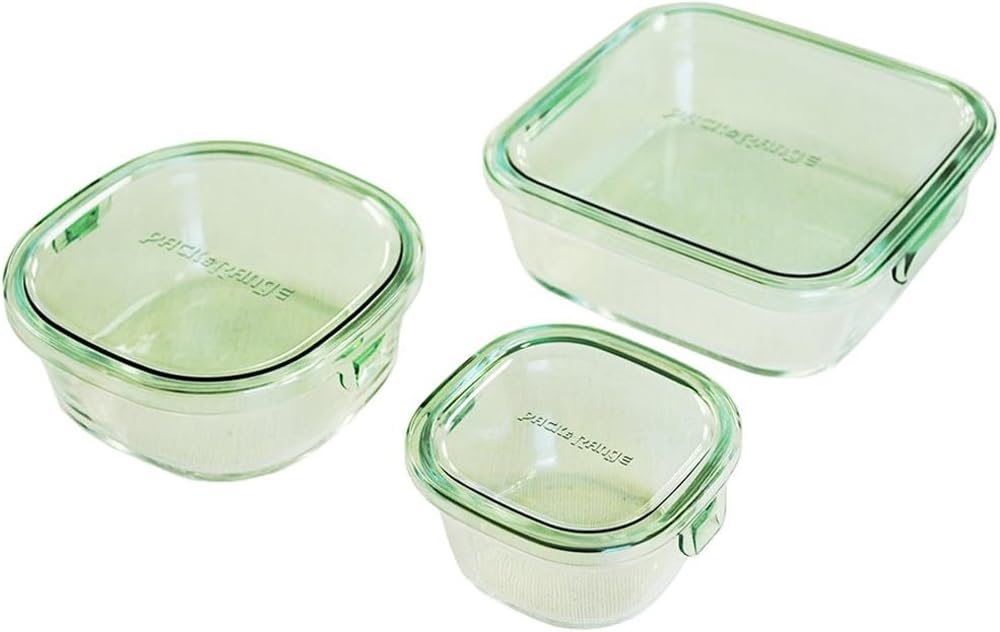 Iwaki PS-PRN-3G1 Heat Resistant Glass Food Storage Containers with Lids - 3-Piece Set, Green - Microwave, Freezer & Oven Safe - Perfect for Meal Prep, Leftovers & Pantry Organization