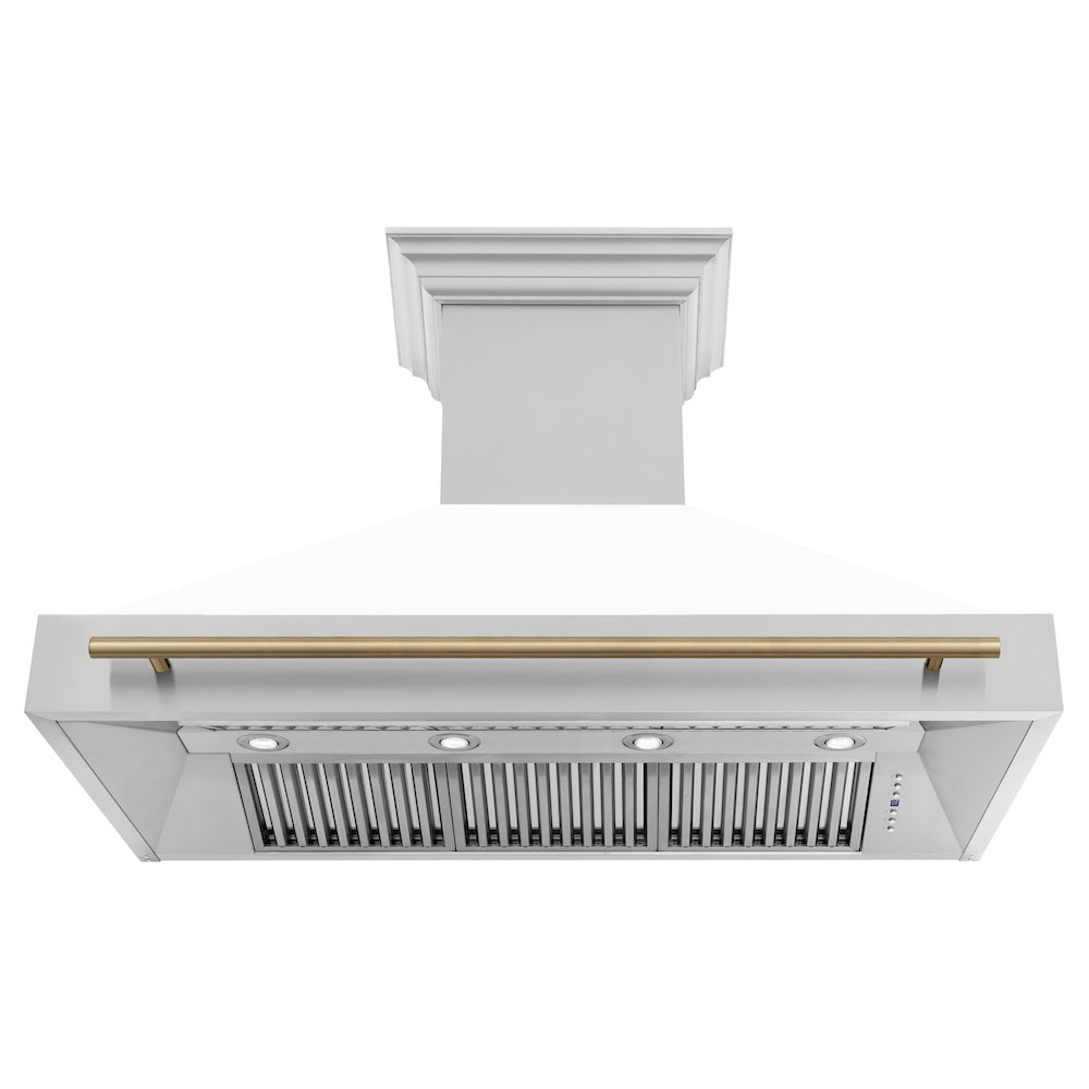 ZLINE Autograph Edition 48-inch Stainless Steel Dual Fuel Range with White Matte Door & Range Hood - Champagne Bronze Accents | Professional Kitchen Package for Home Chefs | Perfect for Modern Kitchens & Gourmet Cooking