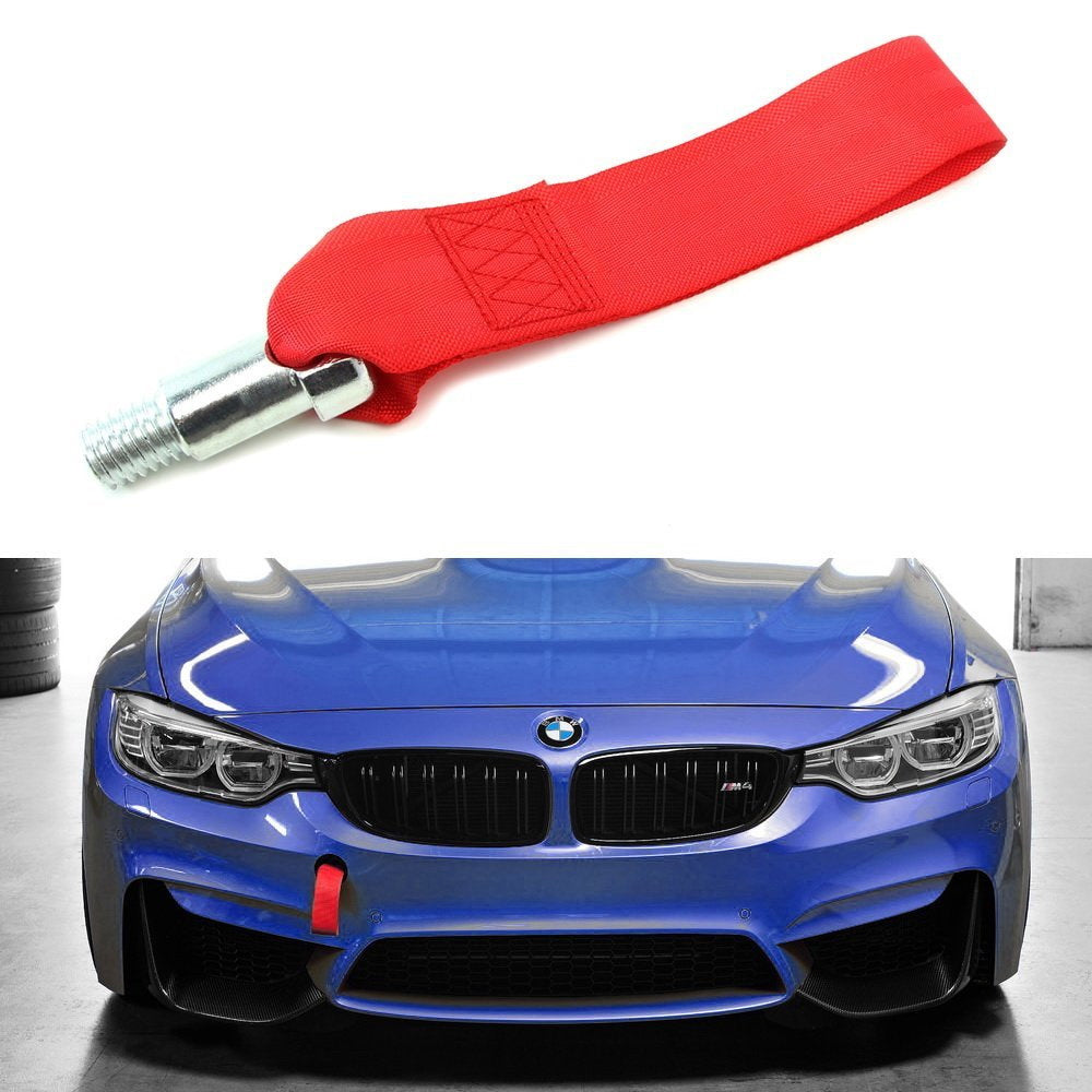 High Strength Red Racing Tow Hook Strap Set for BMW Fxx 1/2/3/4/5 Series - Durable Off-Road Recovery Accessory for Track & Towing Use