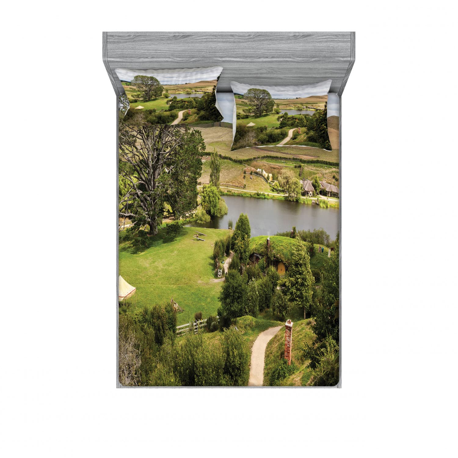 Ambesonne Hobbits 2-Pack Queen Size Fitted Sheet Set with 4 Pillow Shams - Overhill Matamata Themed Bedding - Green & Brown Fantasy Decor for Bedroom - Perfect for Lord of the Rings Fans & Cozy Movie Nights