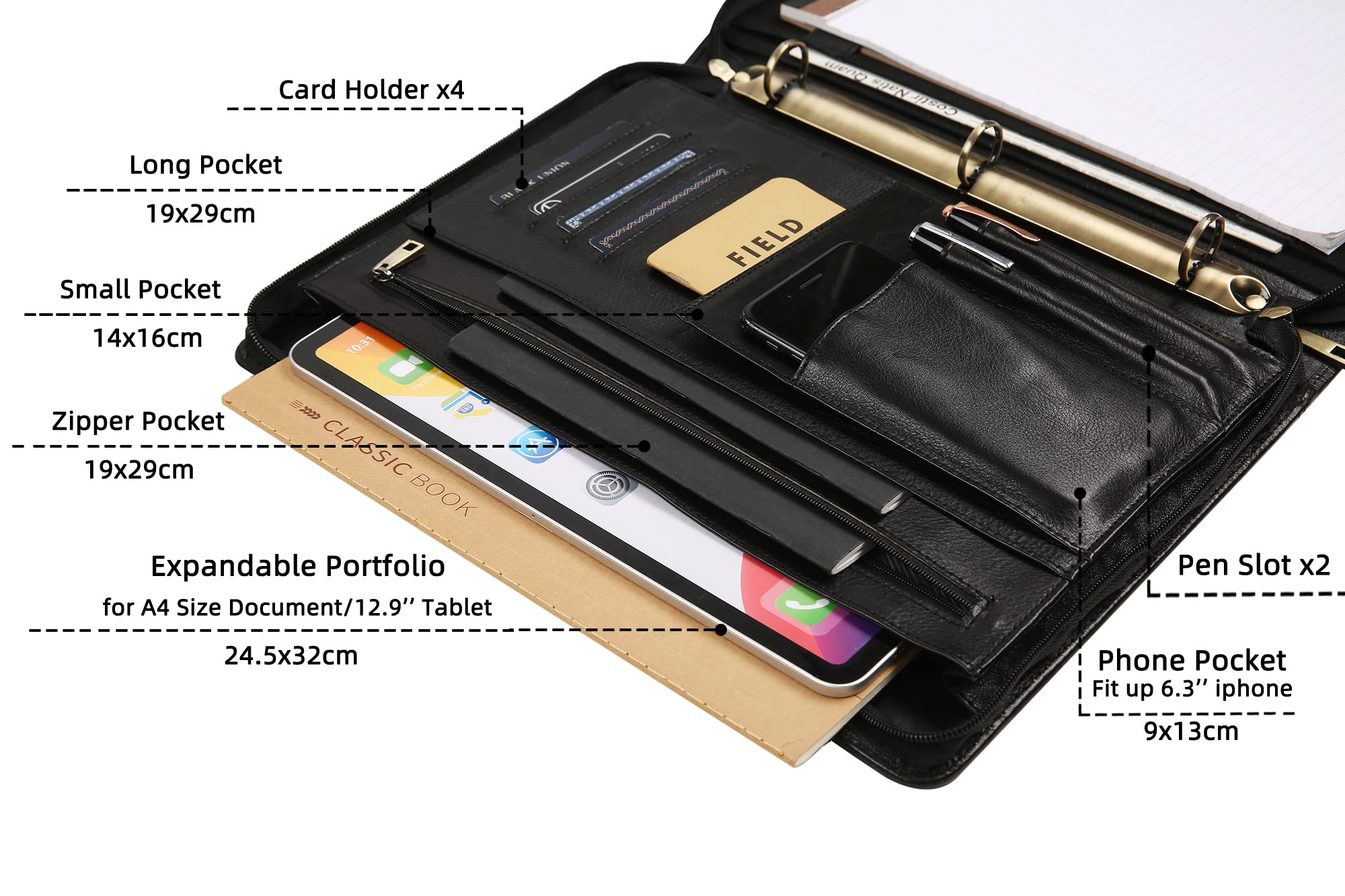 Premium Handmade Leather Portfolio Padfolio - 3 Ring Binder Organizer for Women & Men | Custom Personalized Notebook for iPad & Laptop | Business Meetings, Office Work & Professional Presentations (Black)