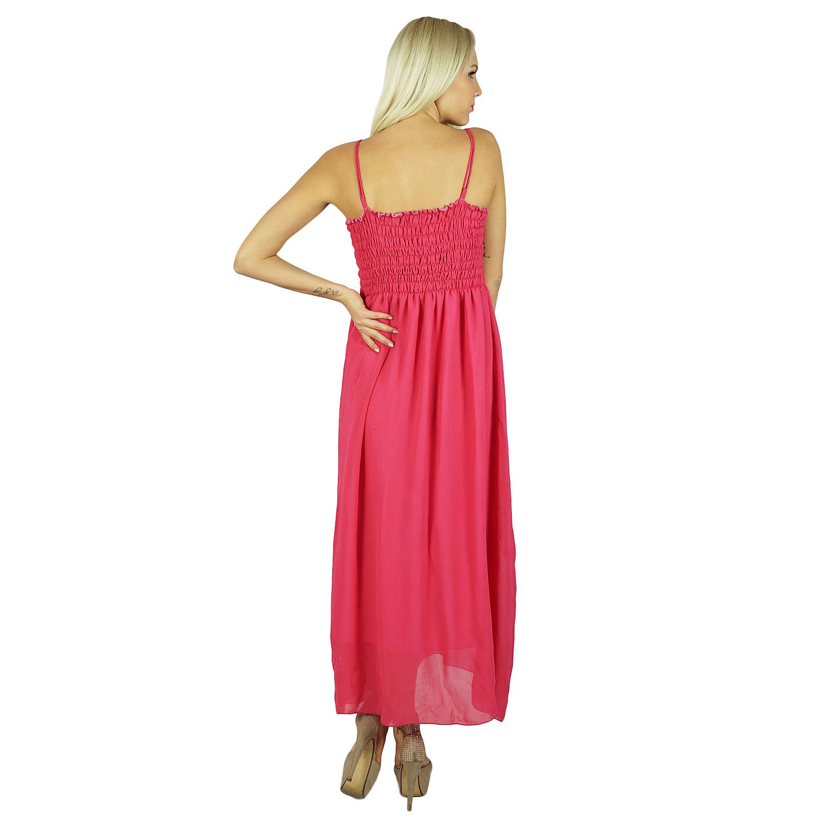 Bimba Women's Long Maxi Dress 2 Piece Set - Flowy Georgette Smocked Gown with Ruffle Sleeves - Perfect for Beach Vacation, Summer Party & Boho Wedding