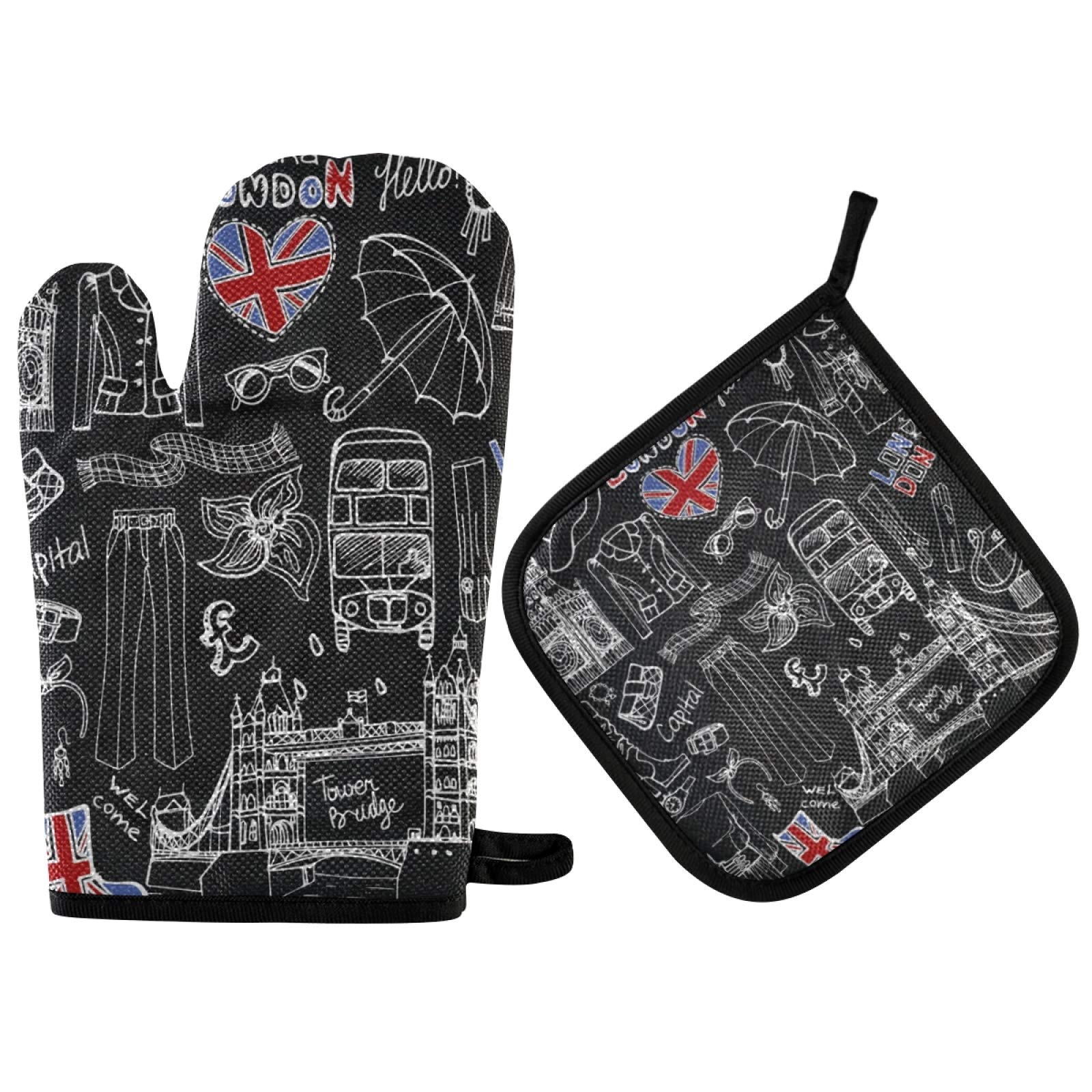 Emelivor Kitchen Oven Mitts Set - Non-Slip Potholders for Baking, Grilling, and Cooking - Heat Resistant Black Kitchen Mittens - London Fashion Design for Safe and Stylish Kitchen Use