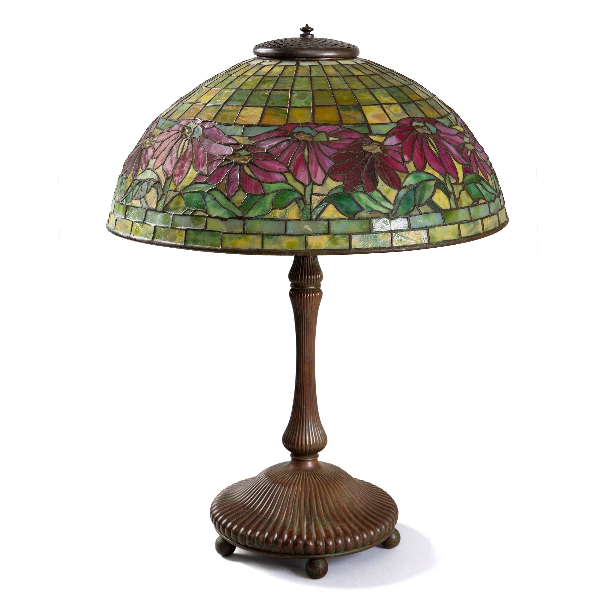 Tiffany Studios New York Poinsettia Table Lamp - Stained Glass Art Deco Home Decor for Living Room, Bedroom & Office Lighting