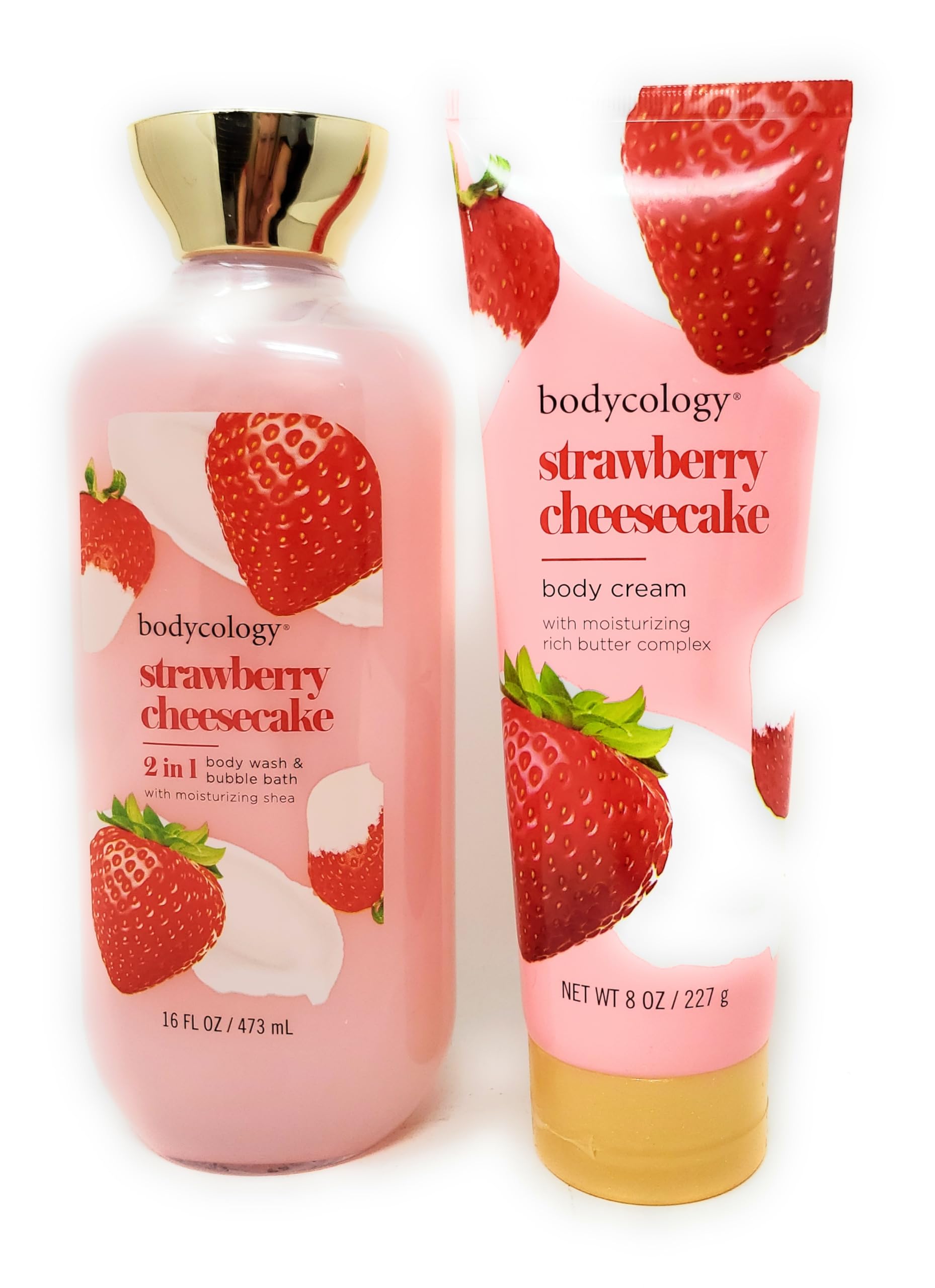 Strawberry Cheesecake Scented 2-in-1 Body Wash & Bubble Bath 16 fl oz + Moisturizing Body Cream 8 oz Duo Pack - Luxurious Bath & Skincare Gift Set for Women, Perfect for Relaxing Spa Nights & Self-Care Routines