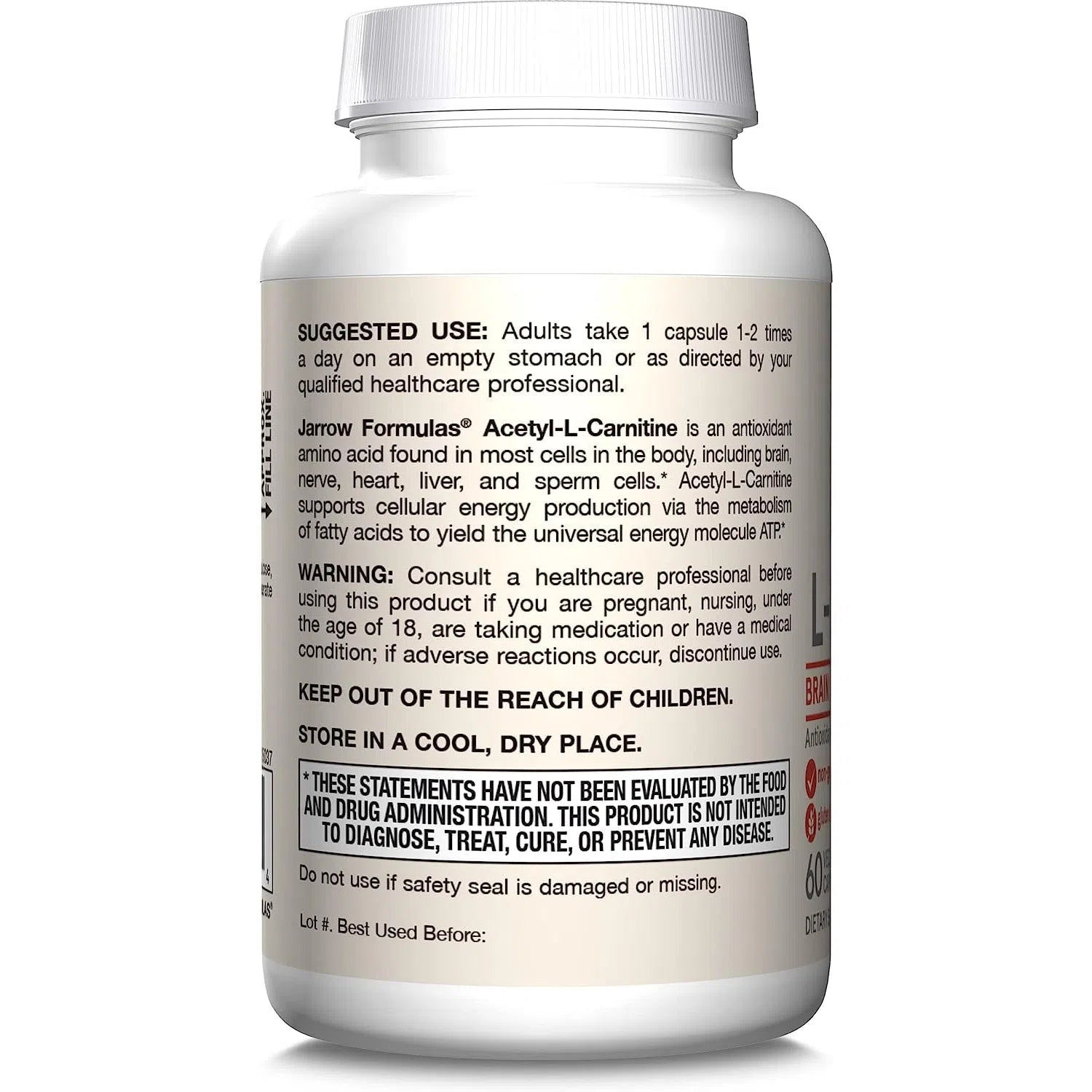 Jarrow Formulas Acetyl L-Carnitine 500mg Supplement - Supports Energy, Brain Function & Metabolism - Ideal for Fitness, Weight Management & Cognitive Health
