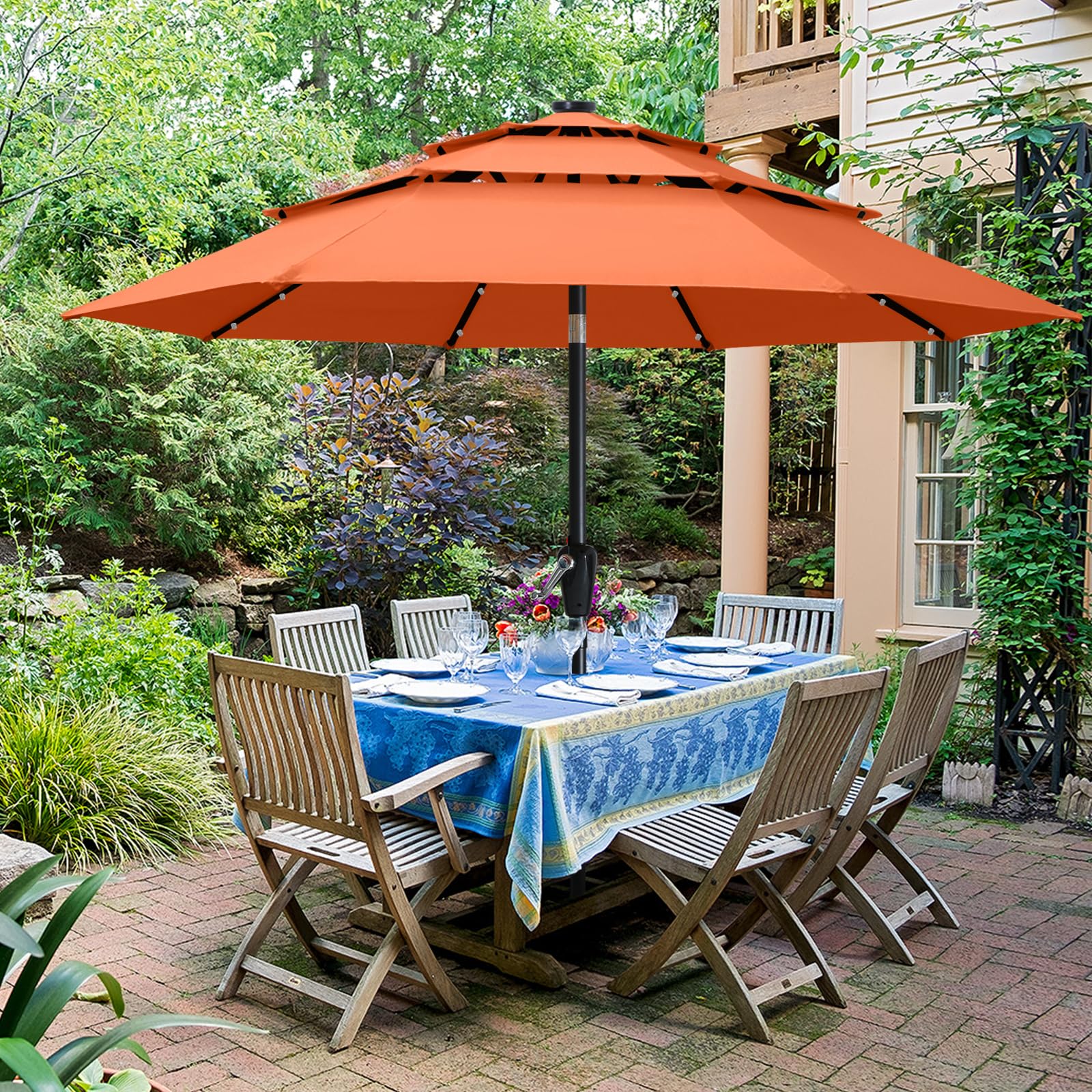 ABCCANOPY 9FT Solar LED Patio Umbrella - 3-Tier Outdoor Market Umbrella with Auto-Tilt & Wind Vent (Orange) - Perfect for Backyard, Poolside, Beach, and Outdoor Dining Areas
