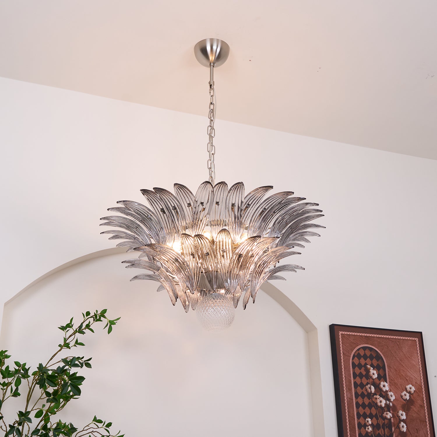 Murano Glass Palmette Transparent Crystal Chandelier - Elegant Lighting Fixture for Dining Room, Living Room & Bedroom Decor