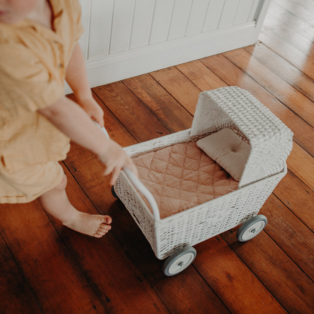 White Rattan Stroller - Lightweight & Durable Baby Stroller for Outdoor Walks, Park Visits, and Shopping Trips